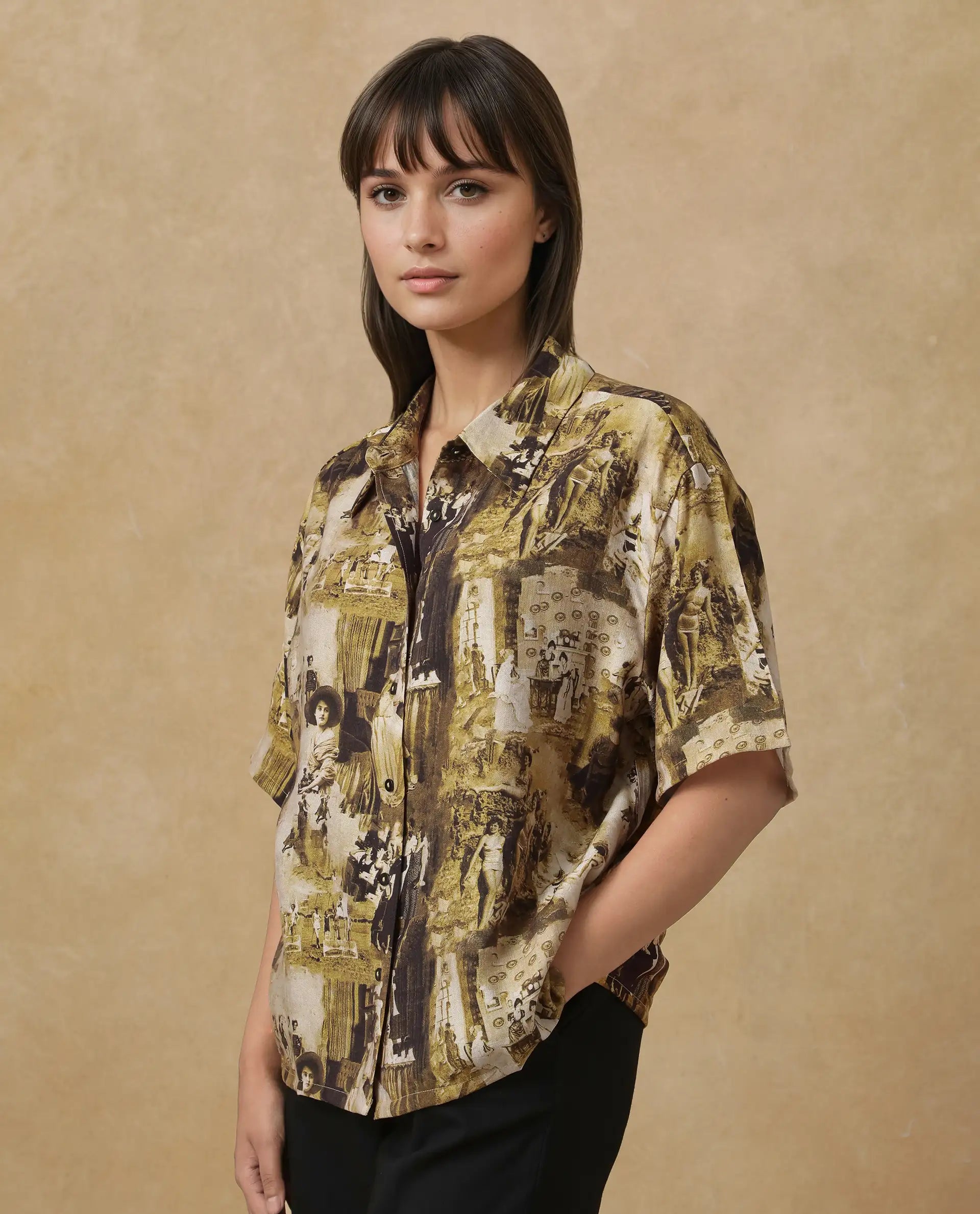 Rareism Women Victoria Multi Short Sleeve Collared Neck Button Closure Boxy Fit Object Print Top