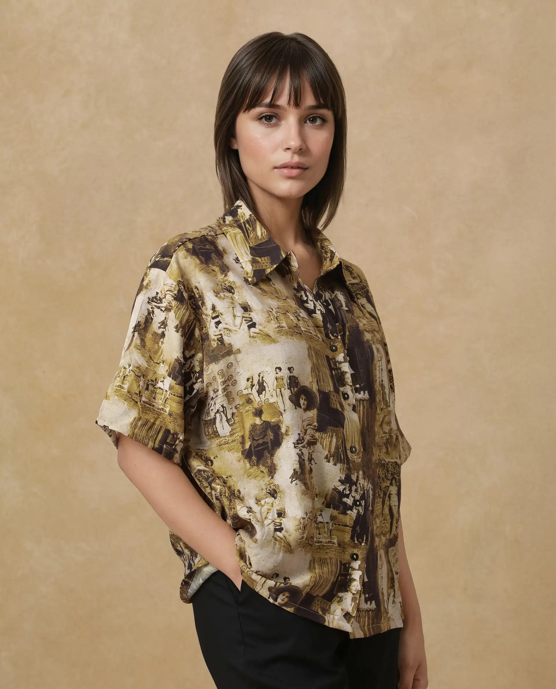 Rareism Women Victoria Multi Short Sleeve Collared Neck Button Closure Boxy Fit Object Print Top