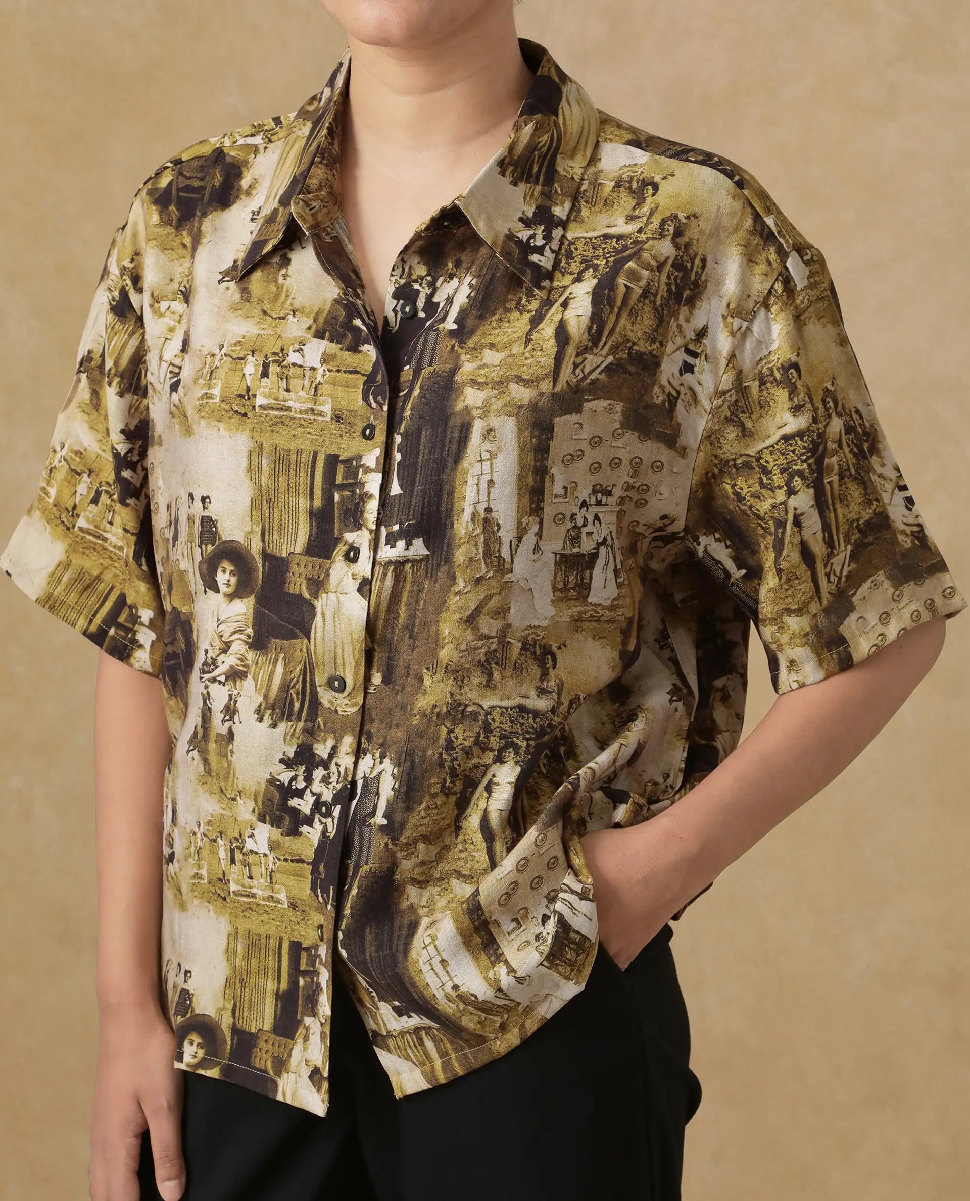 Rareism Women Victoria Multi Short Sleeve Collared Neck Button Closure Boxy Fit Object Print Top