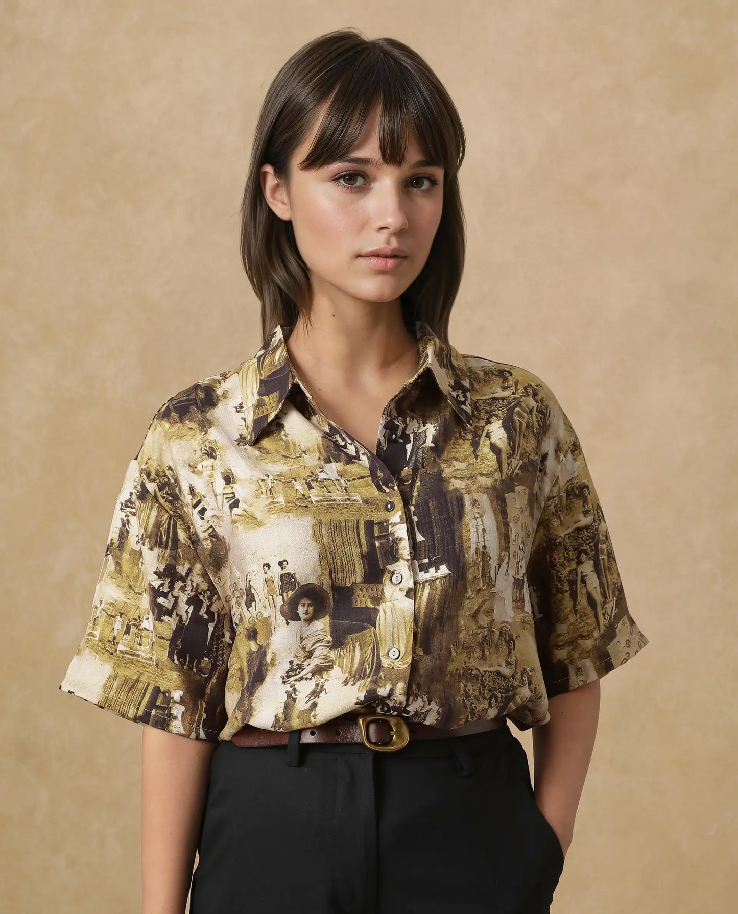 Rareism Women Victoria Multi Short Sleeve Collared Neck Button Closure Boxy Fit Object Print Top