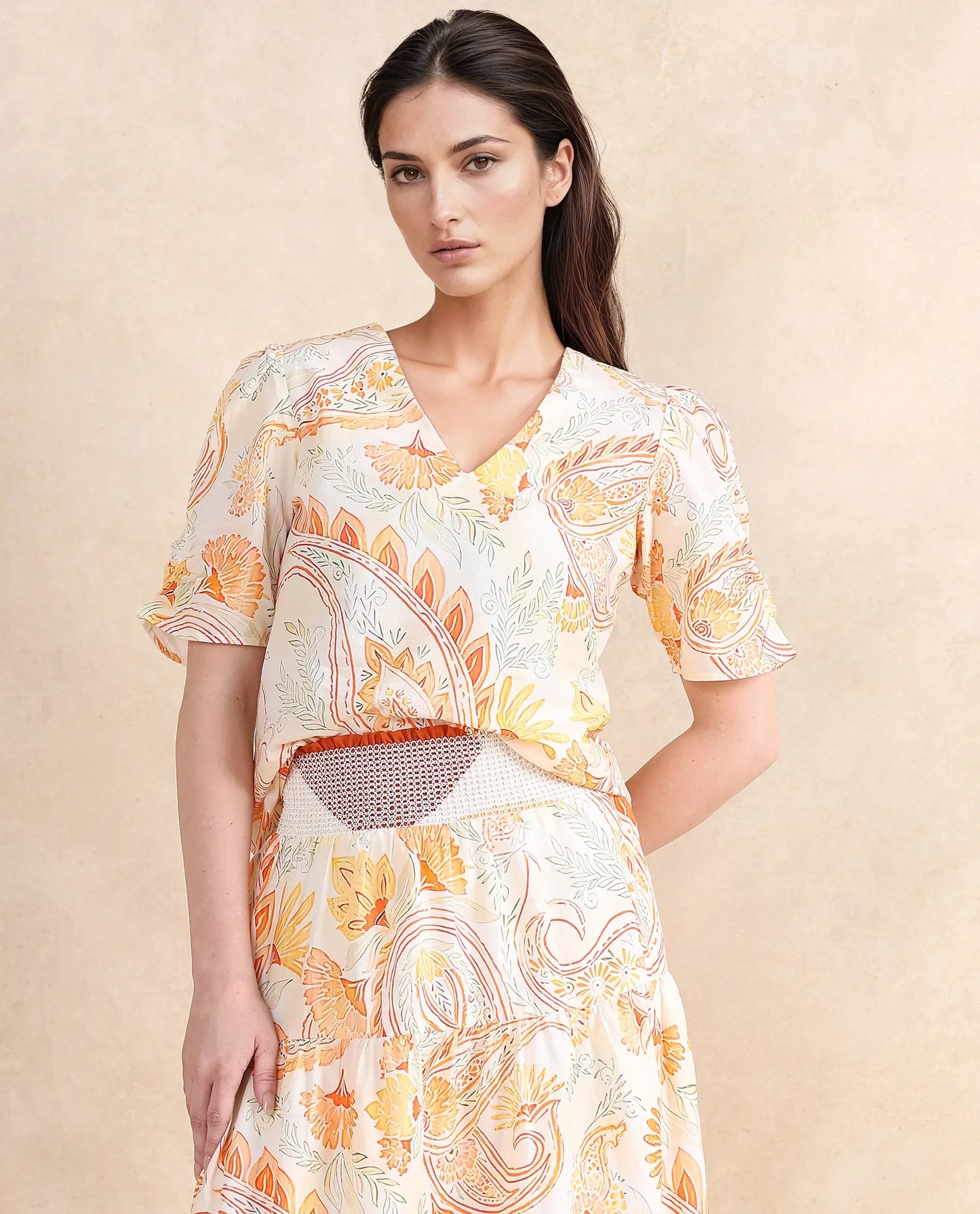 Rareism Women Vigeveno Light Multi Puff Sleeves V-Neck Paisley Print Top