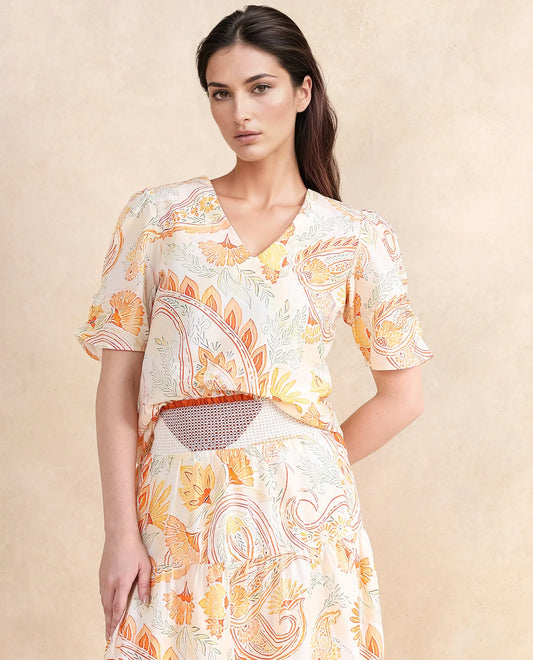 Rareism Women Vigeveno Light Multi Puff Sleeves V-Neck Paisley Print Top
