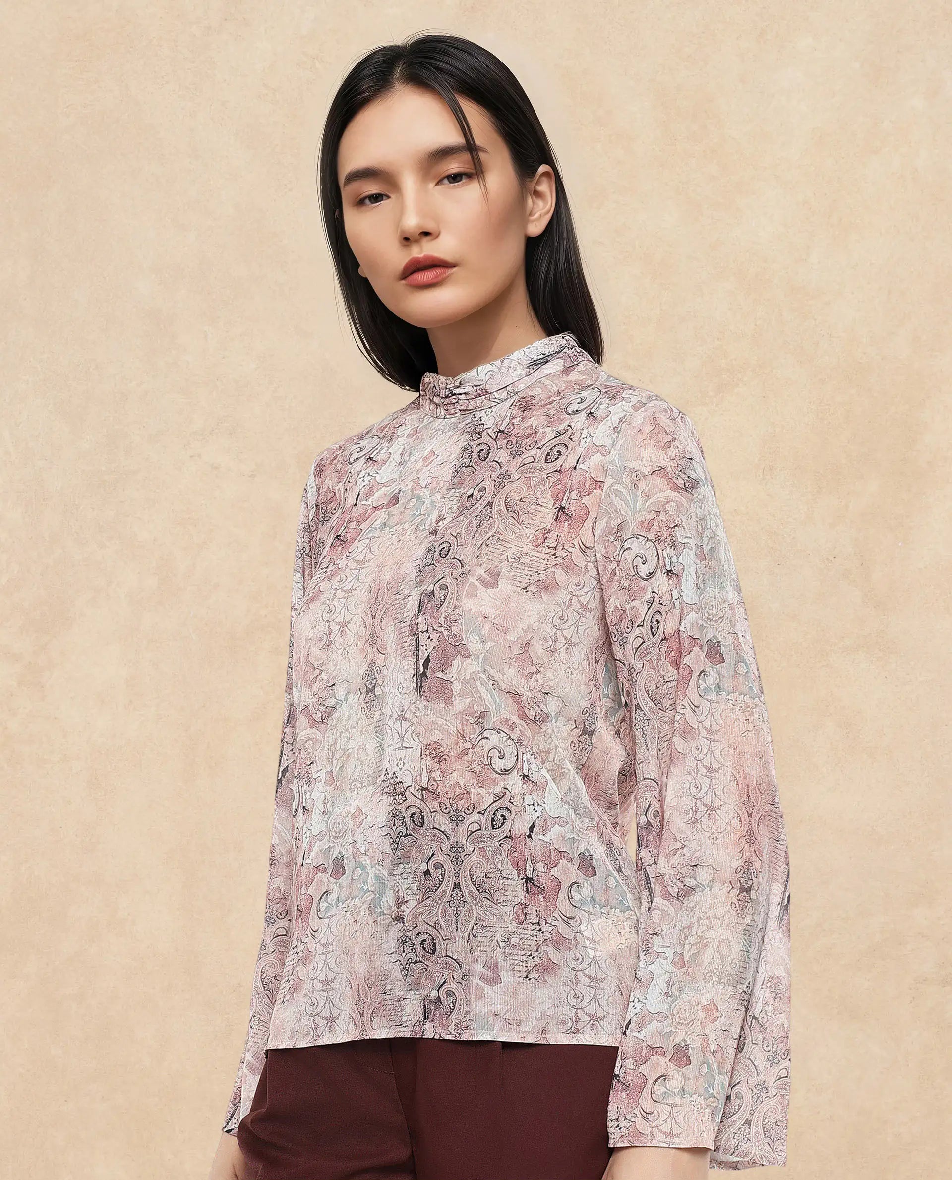 Rareism Women Vokasna Multi Bell Sleeves High Neck Button Closure Paisley Print Top