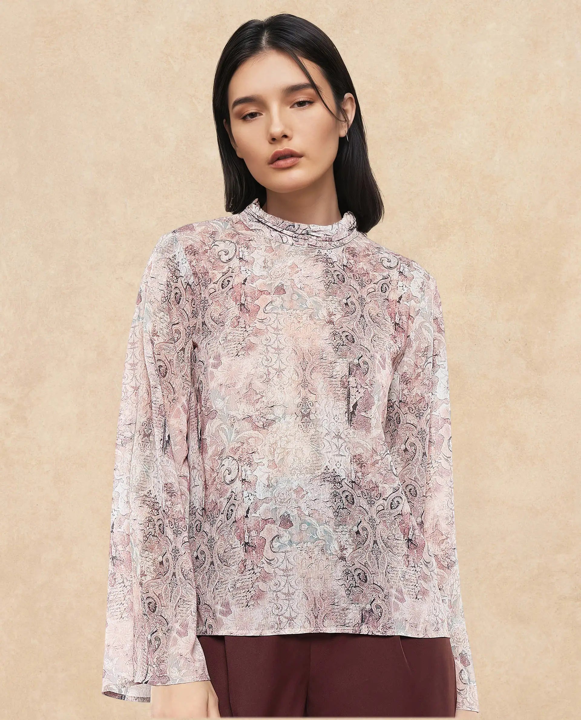 Rareism Women Vokasna Multi Bell Sleeves High Neck Button Closure Paisley Print Top