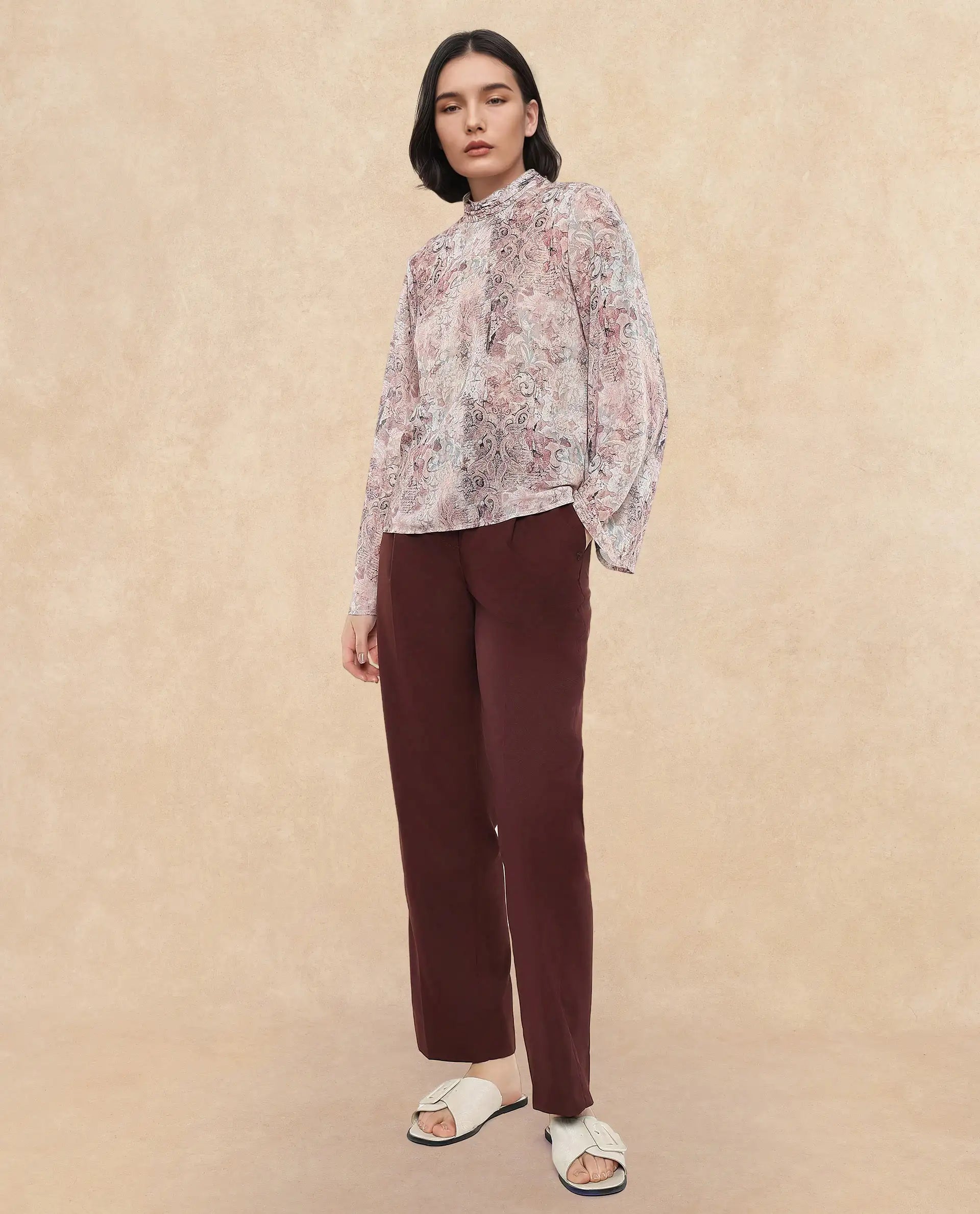 Rareism Women Vokasna Multi Bell Sleeves High Neck Button Closure Paisley Print Top