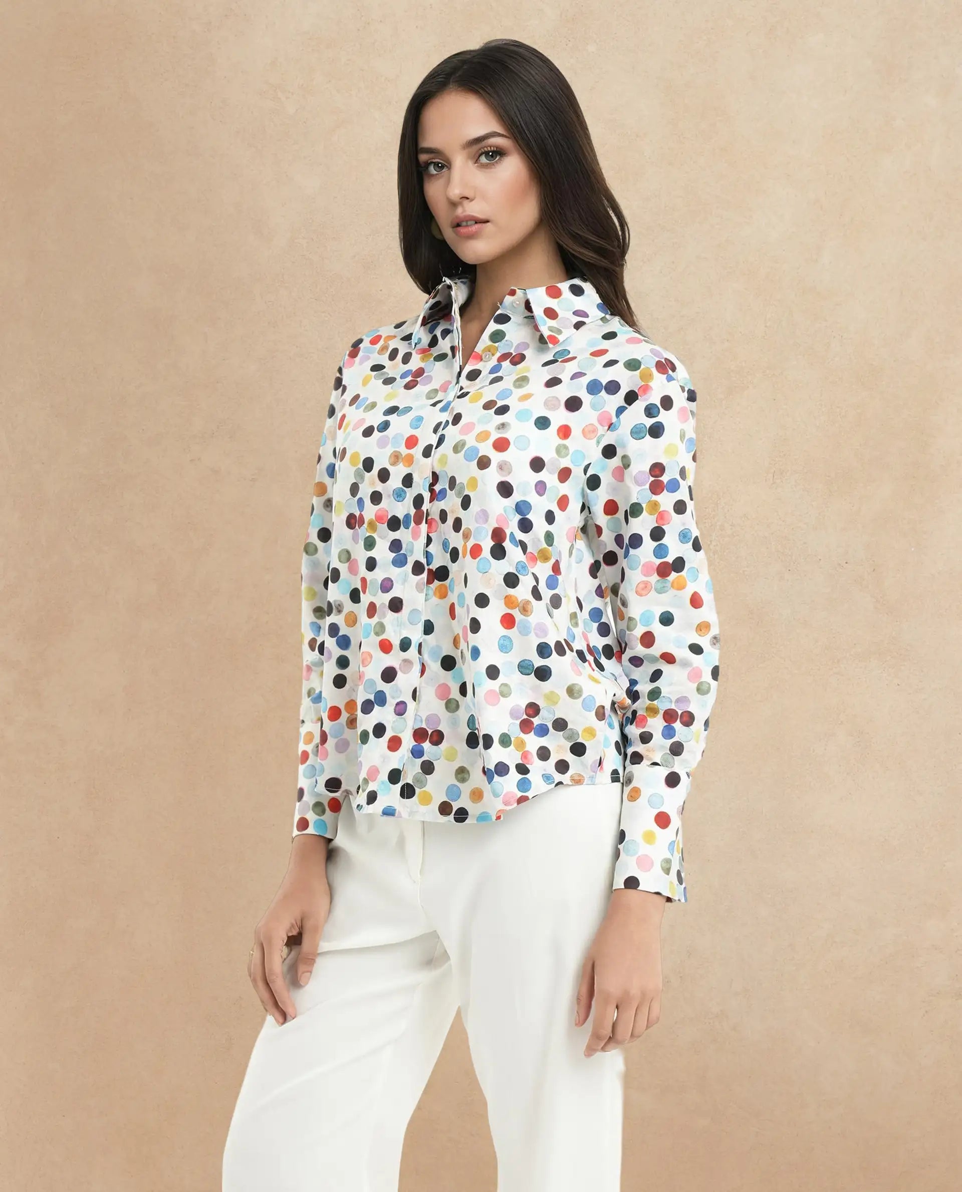 Rareism Women Wanice Light Multi Full Sleeve Collared Neck Button Closure Polka Print Top