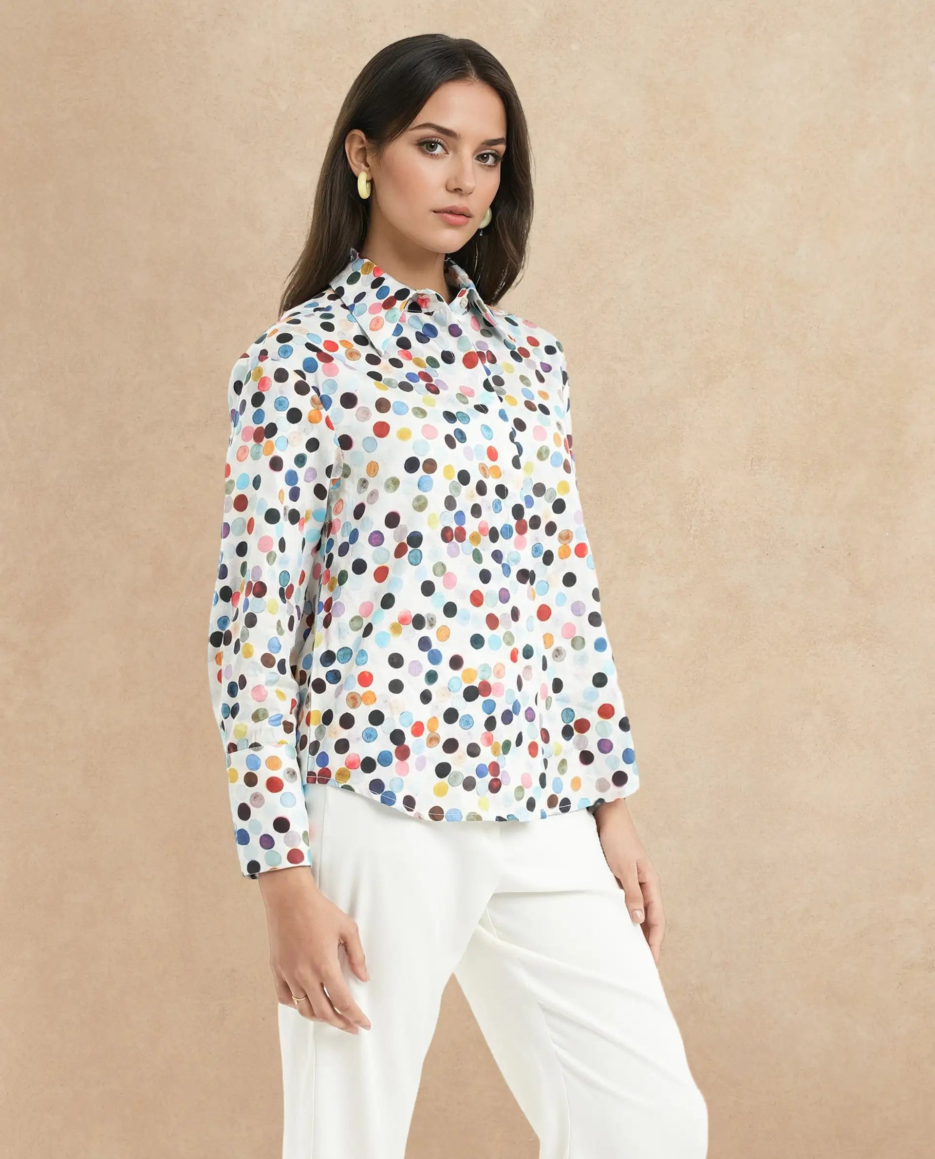 Rareism Women Wanice Light Multi Full Sleeve Collared Neck Button Closure Polka Print Top