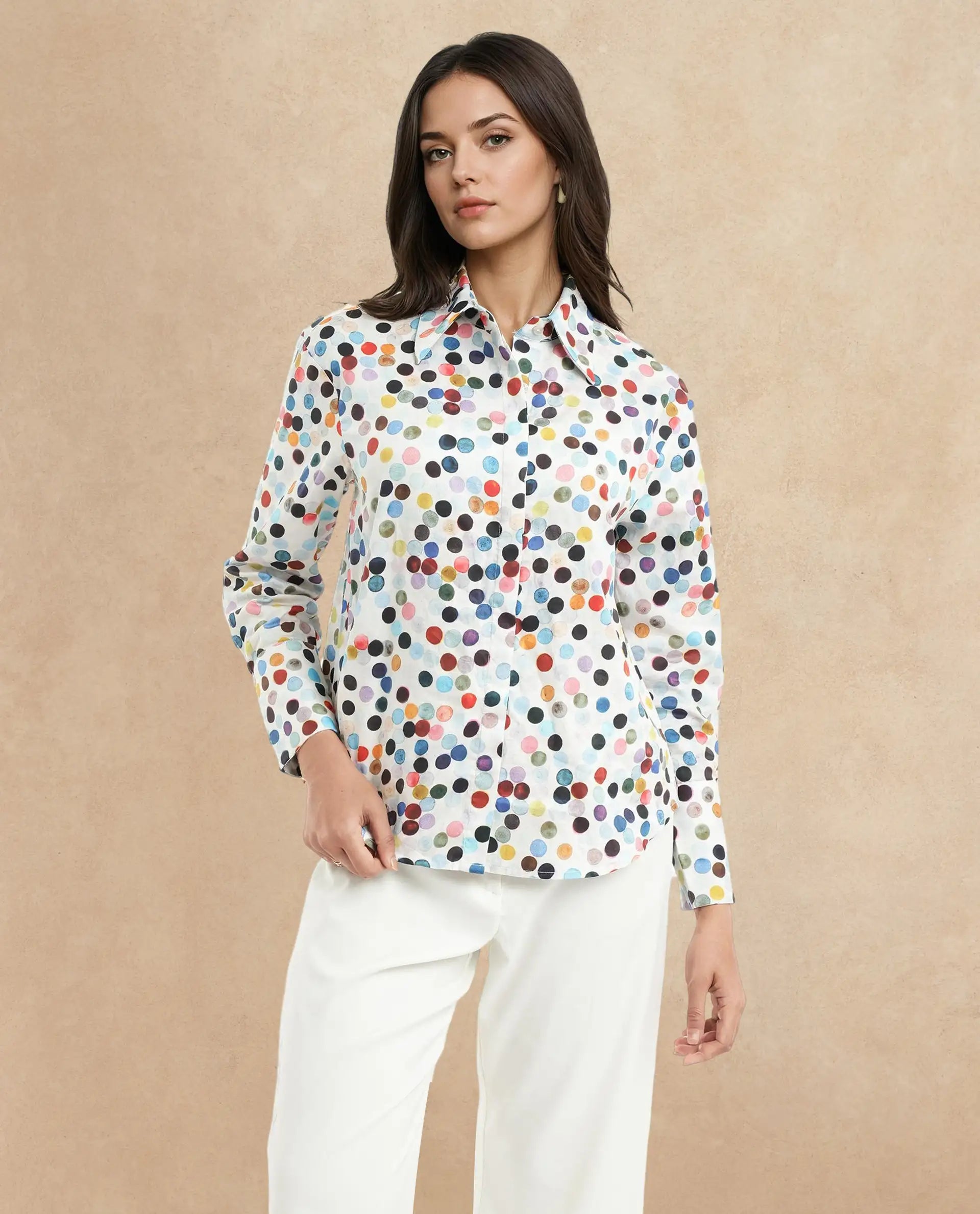 Rareism Women Wanice Light Multi Full Sleeve Collared Neck Button Closure Polka Print Top