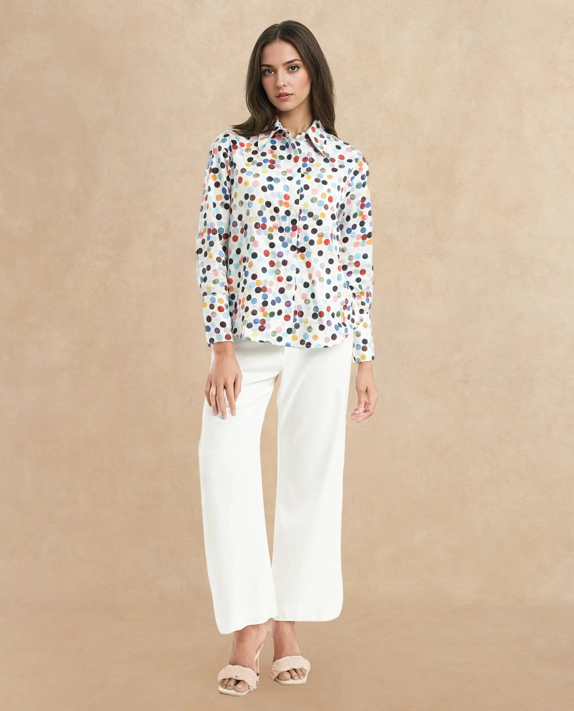 Rareism Women Wanice Light Multi Full Sleeve Collared Neck Button Closure Polka Print Top