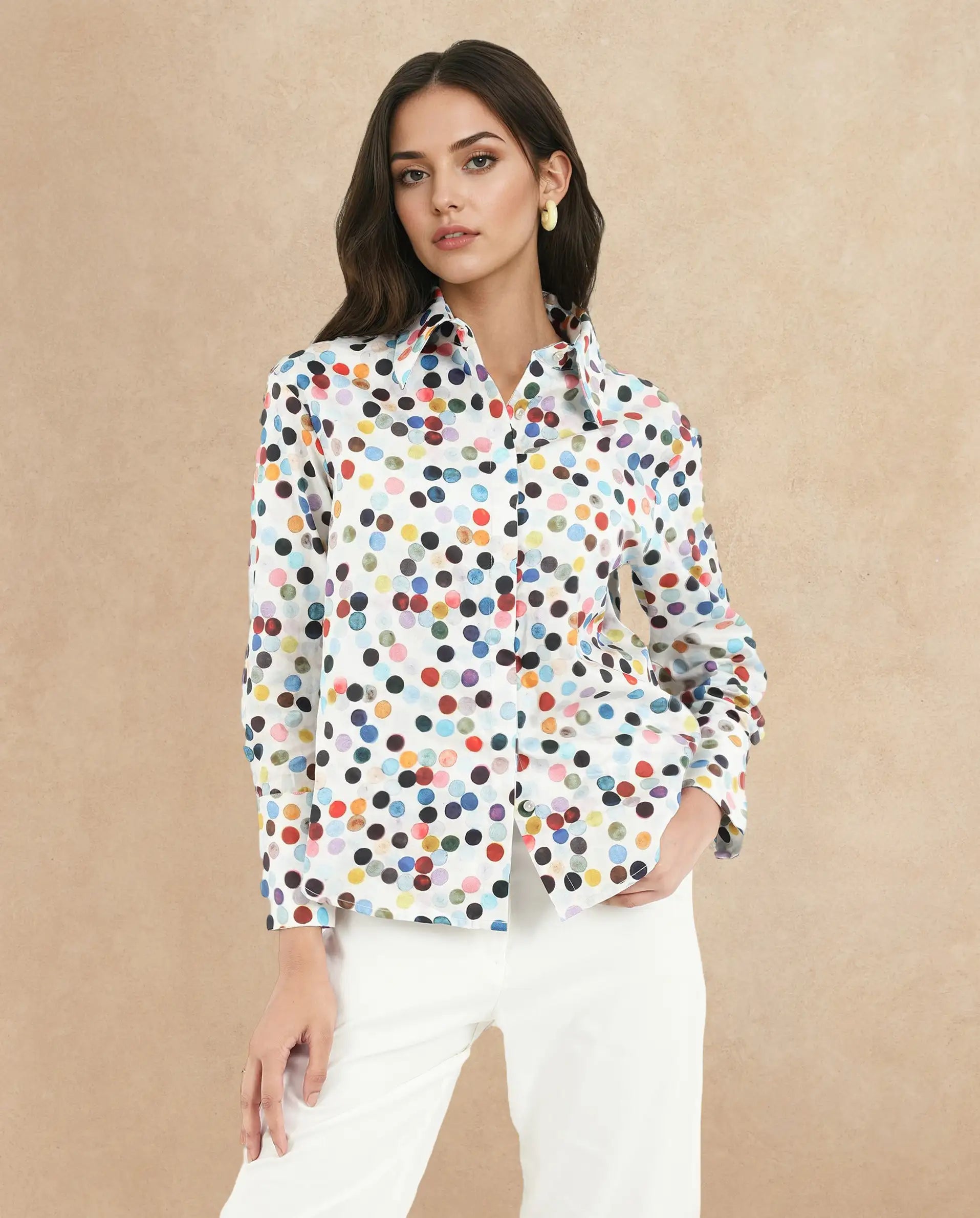 Rareism Women Wanice Light Multi Full Sleeve Collared Neck Button Closure Polka Print Top