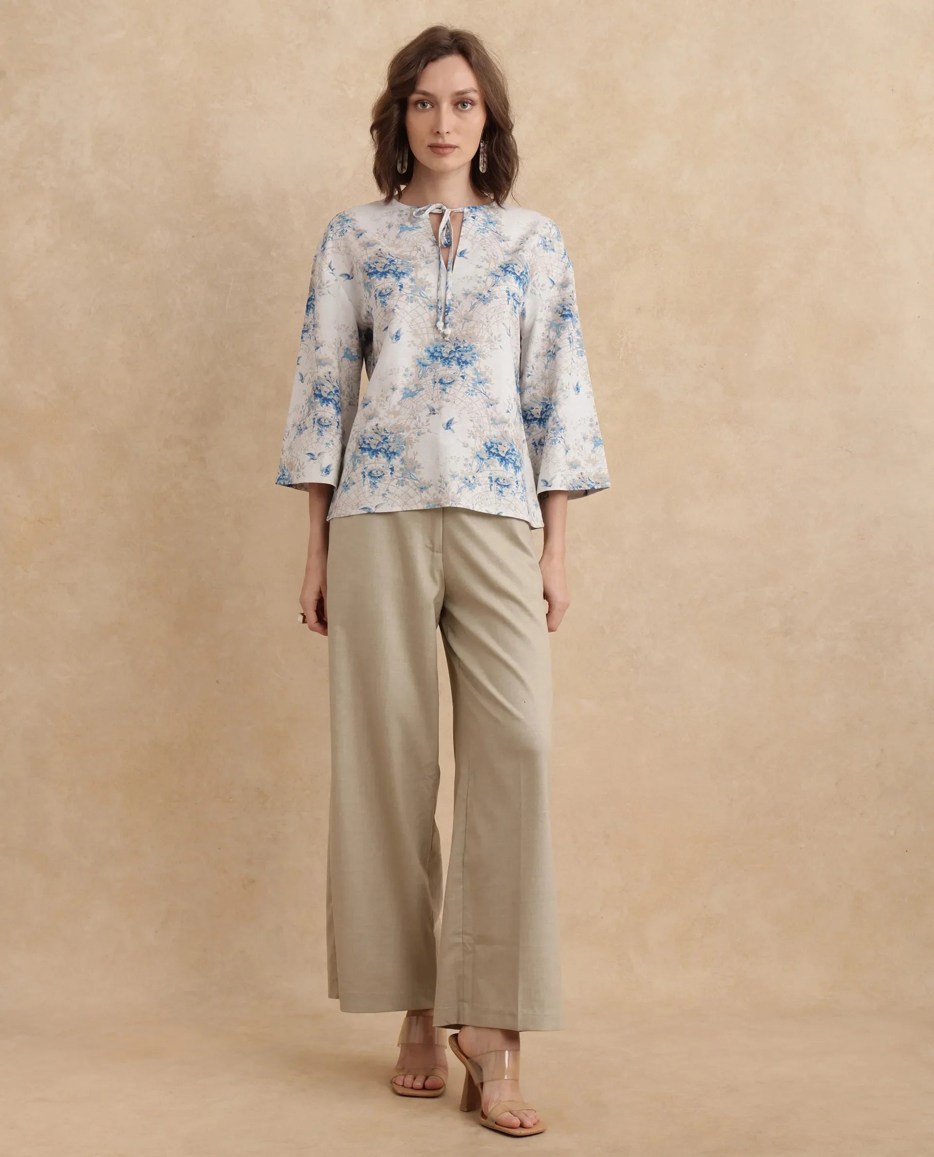 Rareism Women Wemiso Dusky Blue Bell Seeves Tie Up Neck Regular Fit Floral Print Top