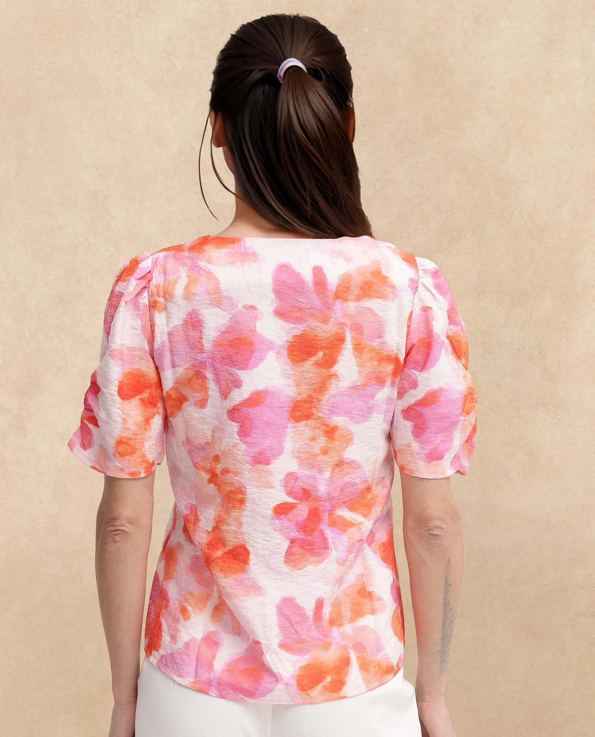 Rareism Women Wesso Light Multi Poly Viscose Puff Sleeves V-Neck Abstract Print Top