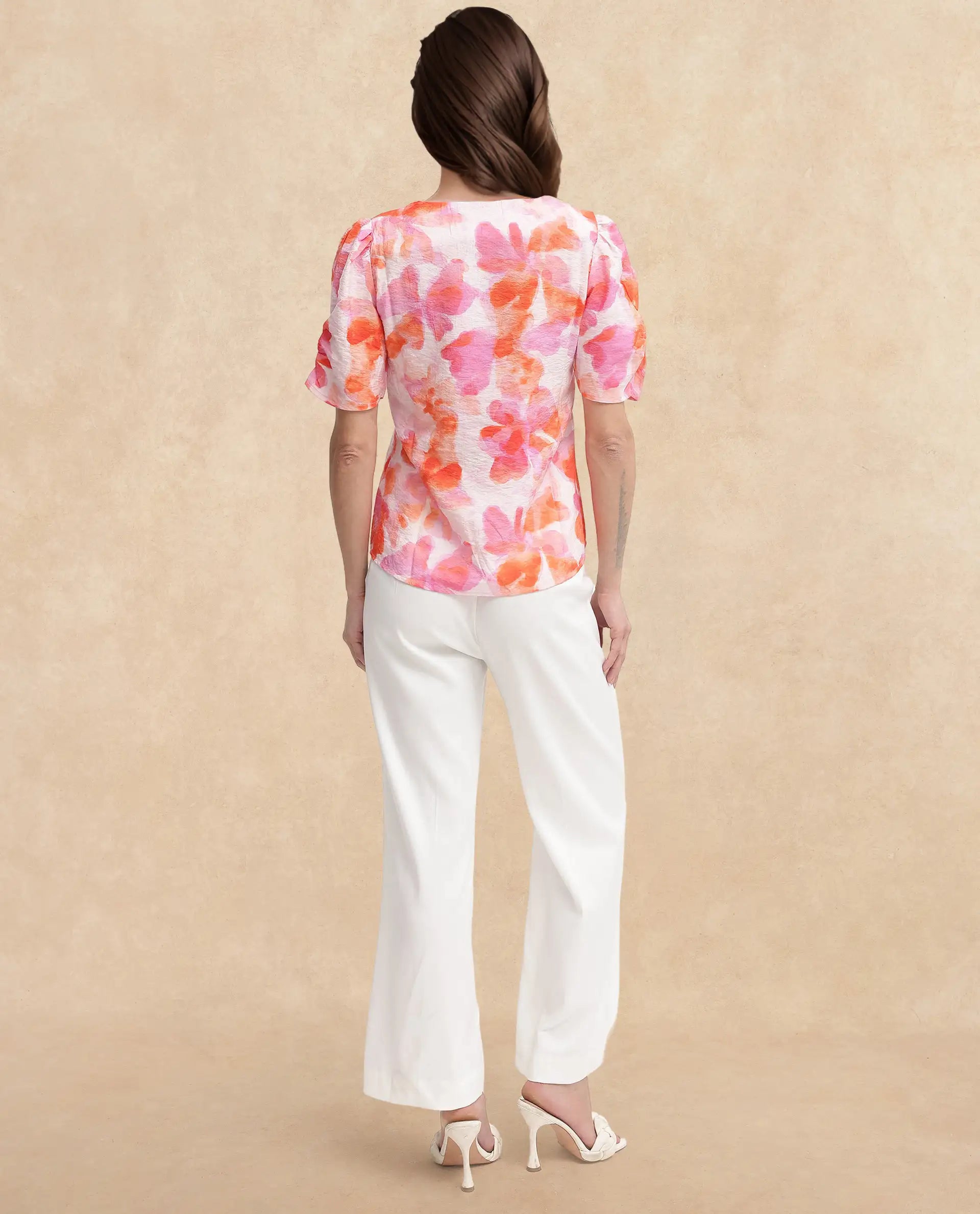 Rareism Women Wesso Light Multi Poly Viscose Puff Sleeves V-Neck Abstract Print Top