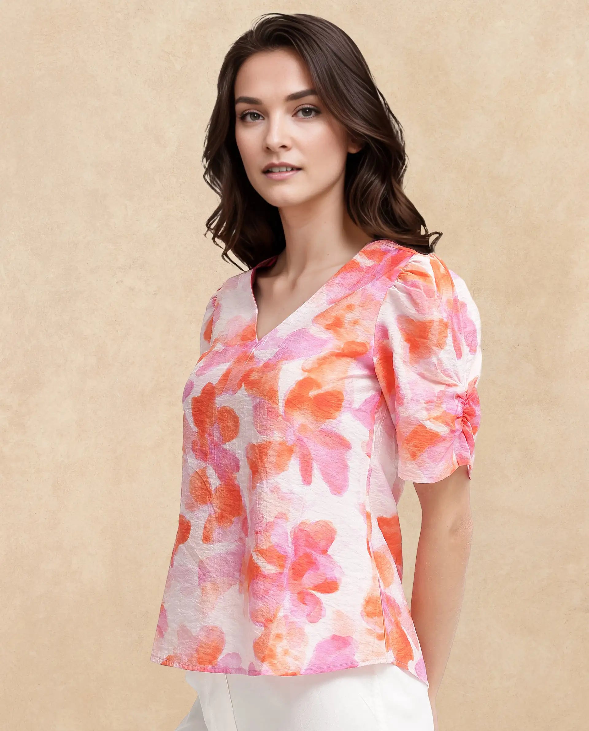 Rareism Women Wesso Light Multi Poly Viscose Puff Sleeves V-Neck Abstract Print Top