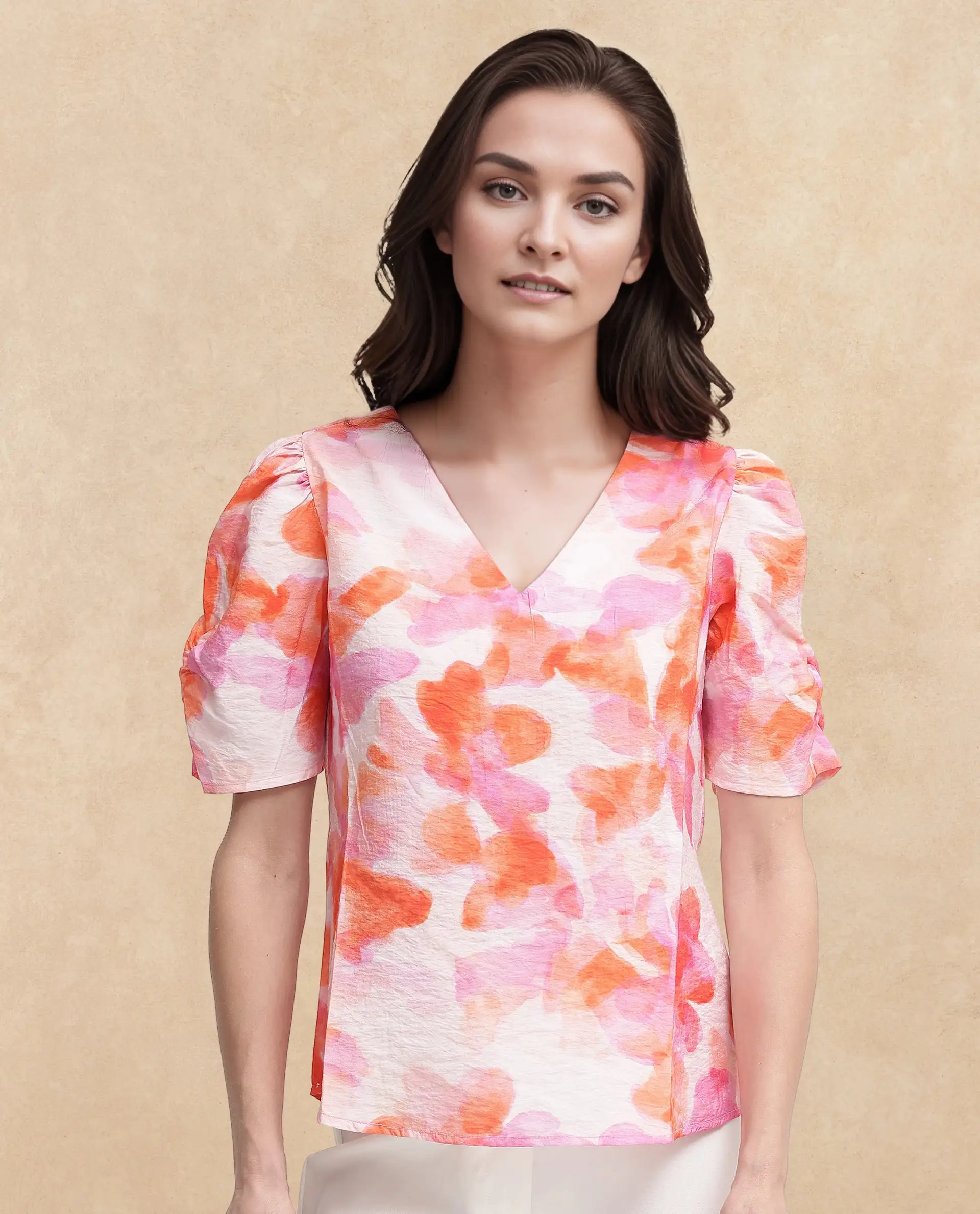 Rareism Women Wesso Light Multi Poly Viscose Puff Sleeves V-Neck Abstract Print Top