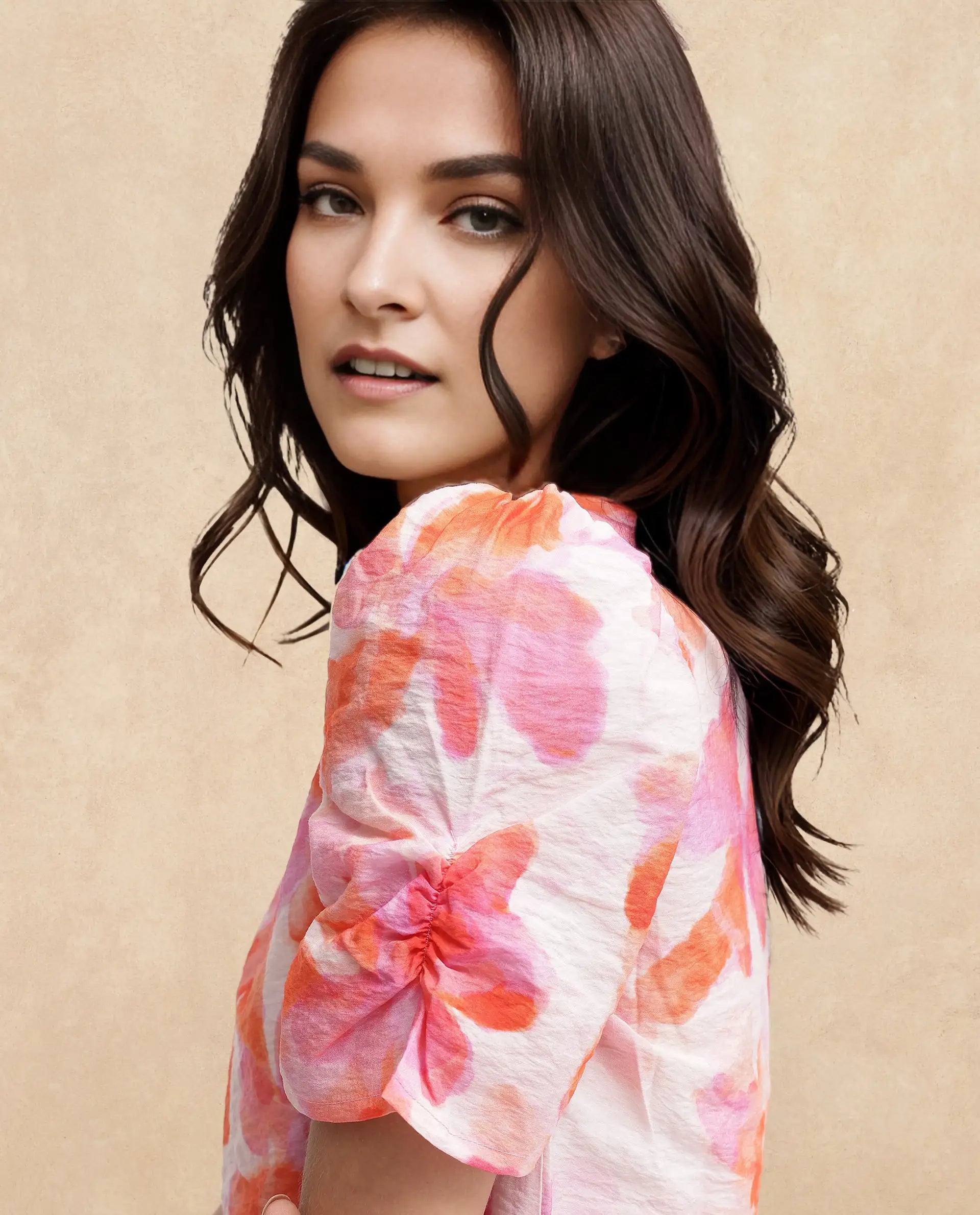 Rareism Women Wesso Light Multi Poly Viscose Puff Sleeves V-Neck Abstract Print Top