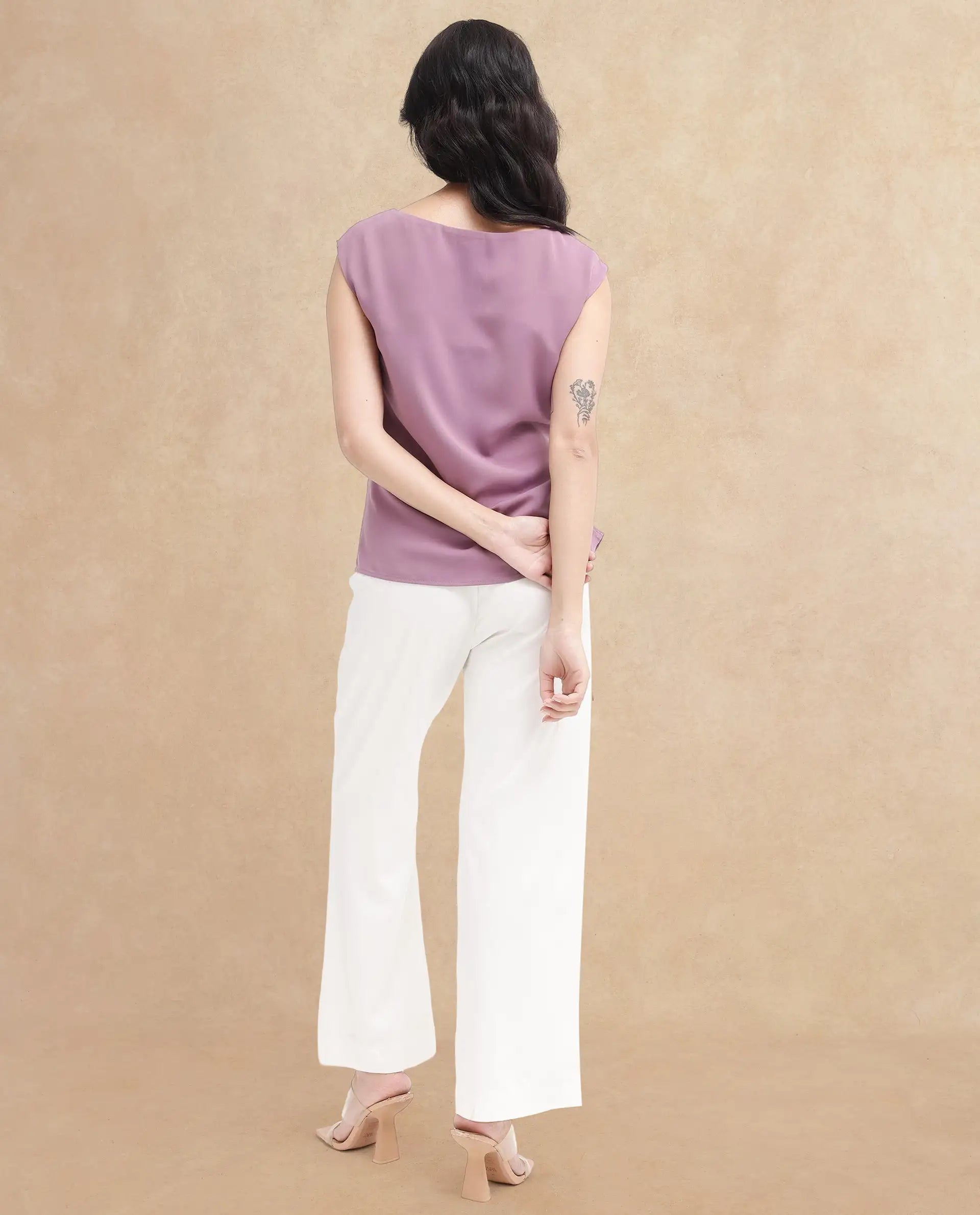 Rareism Women Wevillet Pastel Purple Sleeveless Boat Neck Plain Top