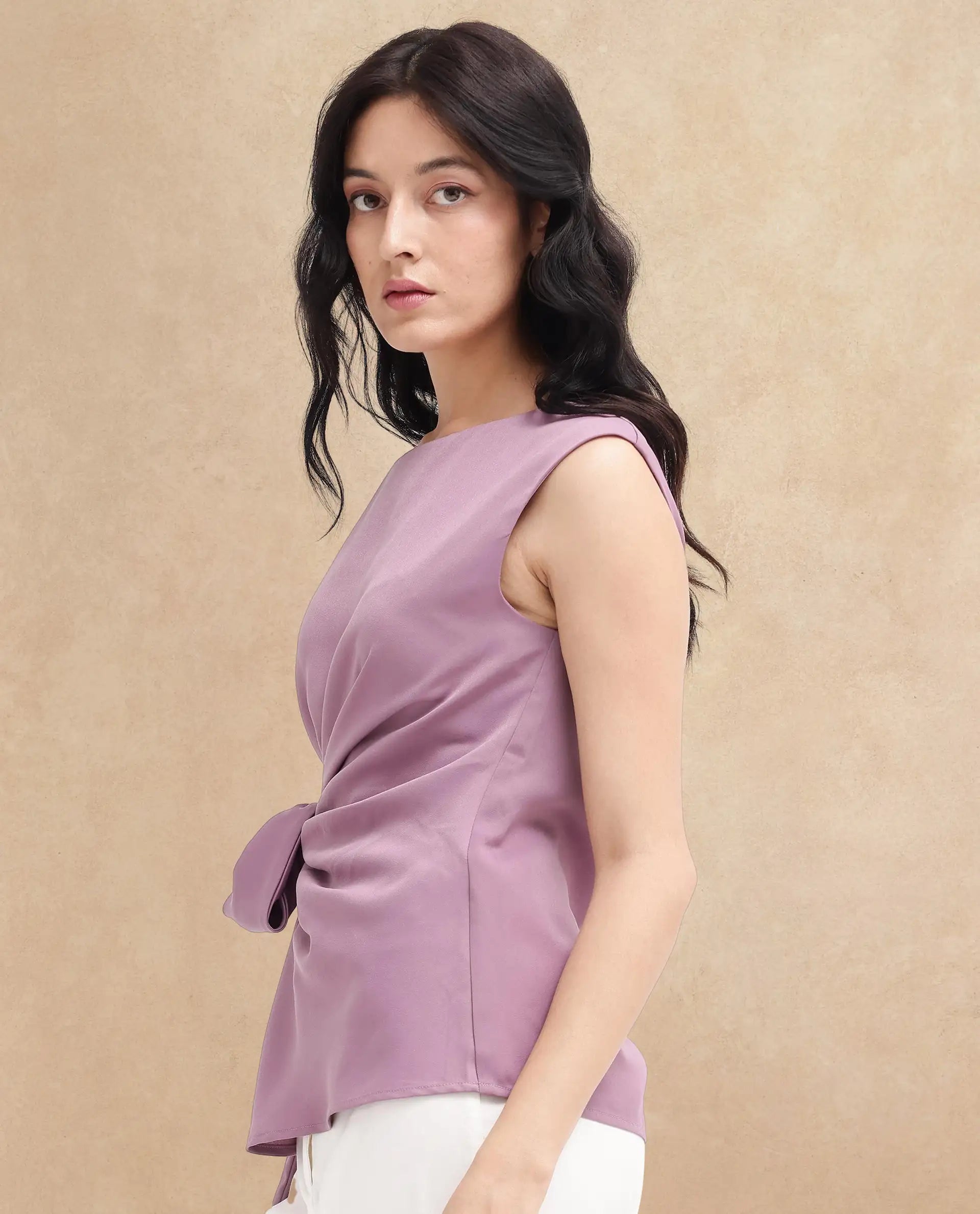 Rareism Women Wevillet Pastel Purple Sleeveless Boat Neck Plain Top