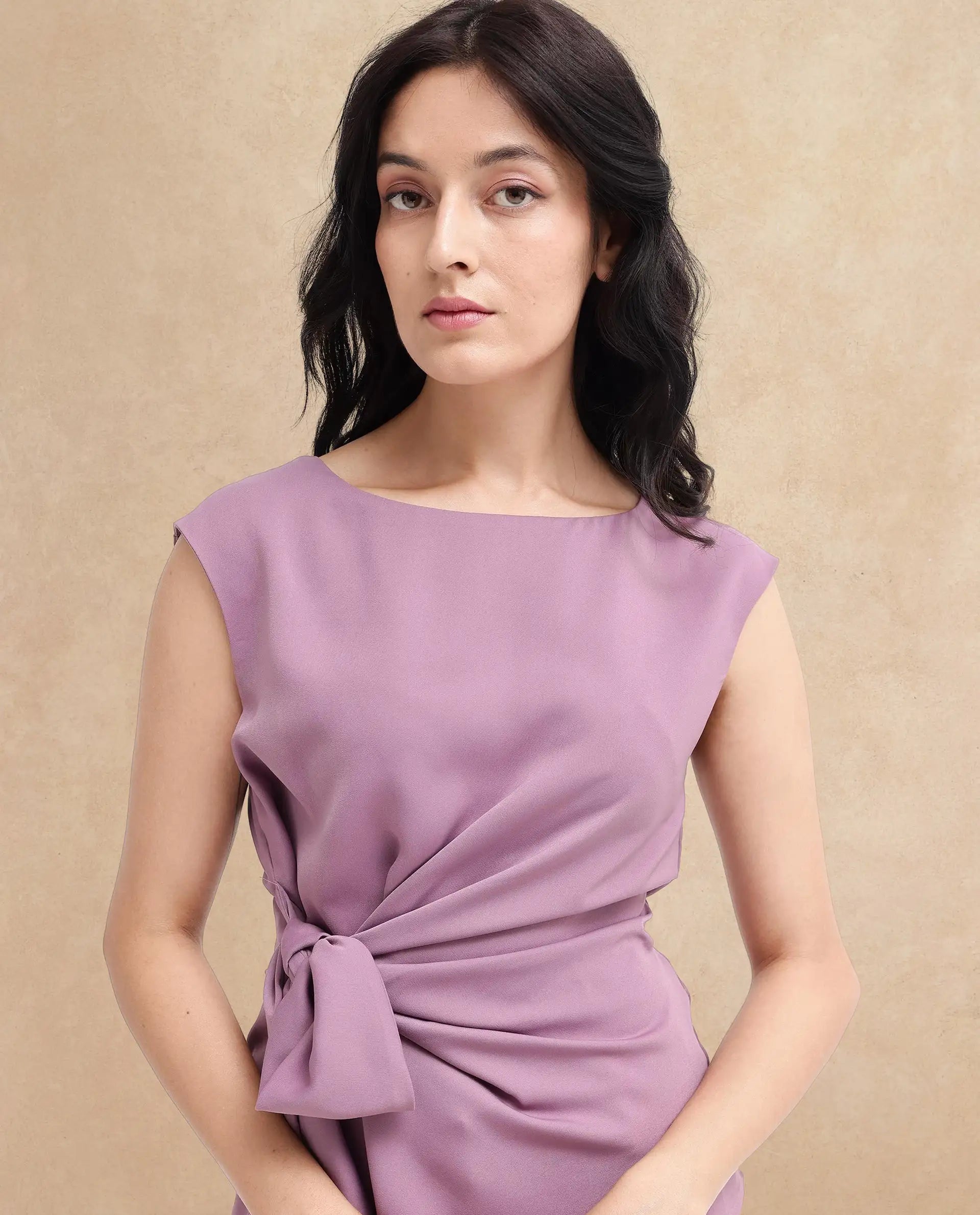 Rareism Women Wevillet Pastel Purple Sleeveless Boat Neck Plain Top