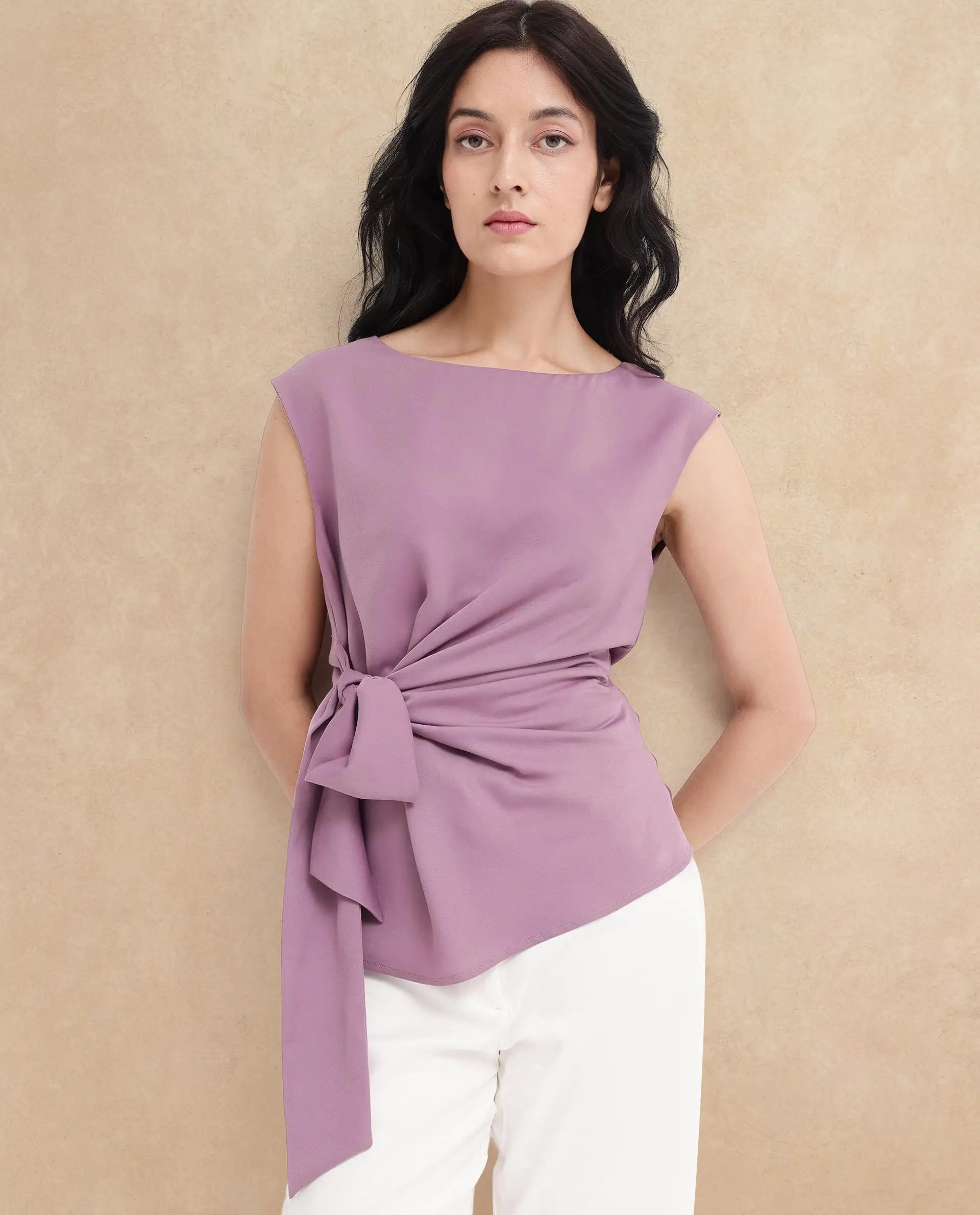 Rareism Women Wevillet Pastel Purple Sleeveless Boat Neck Plain Top
