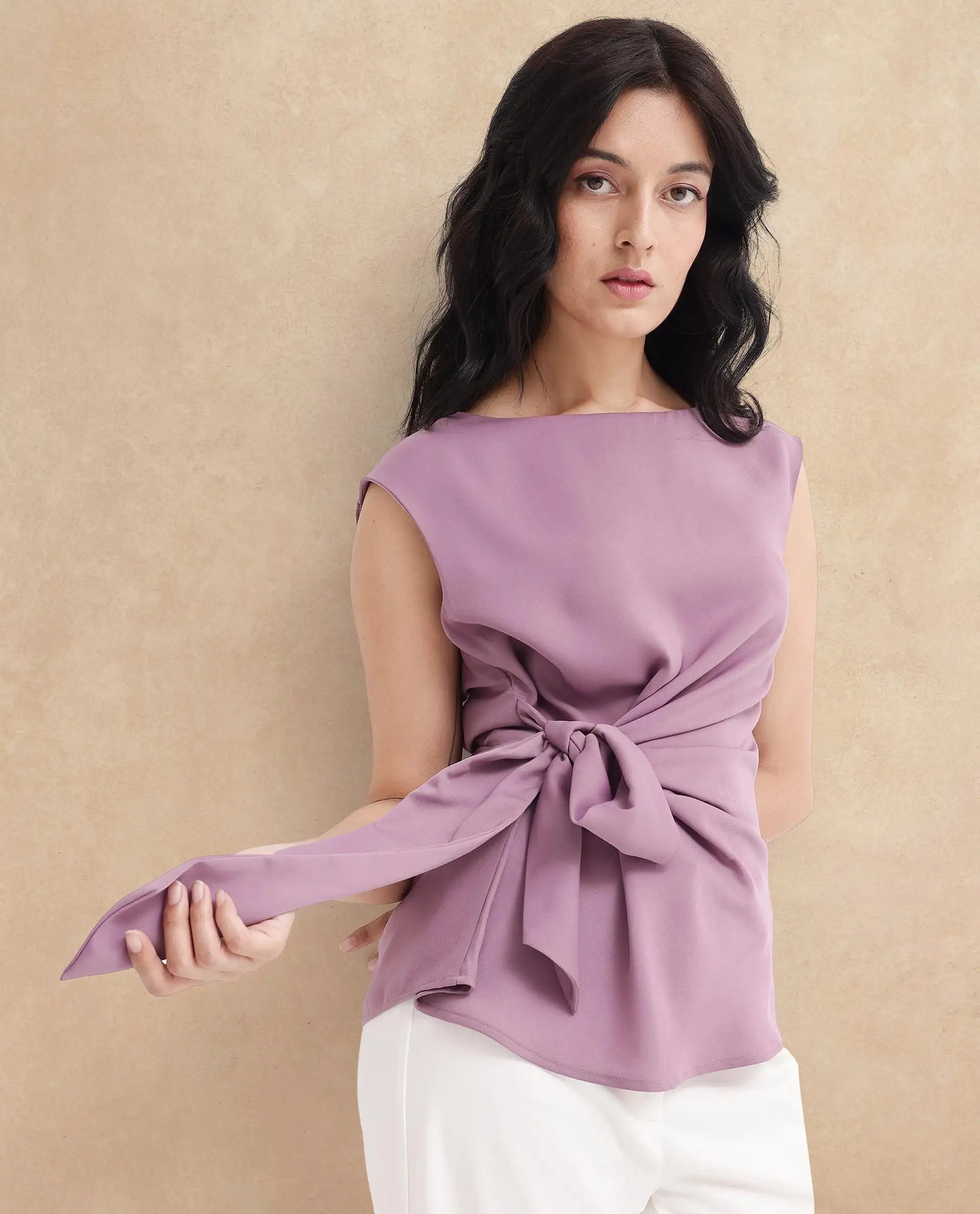 Rareism Women Wevillet Pastel Purple Sleeveless Boat Neck Plain Top