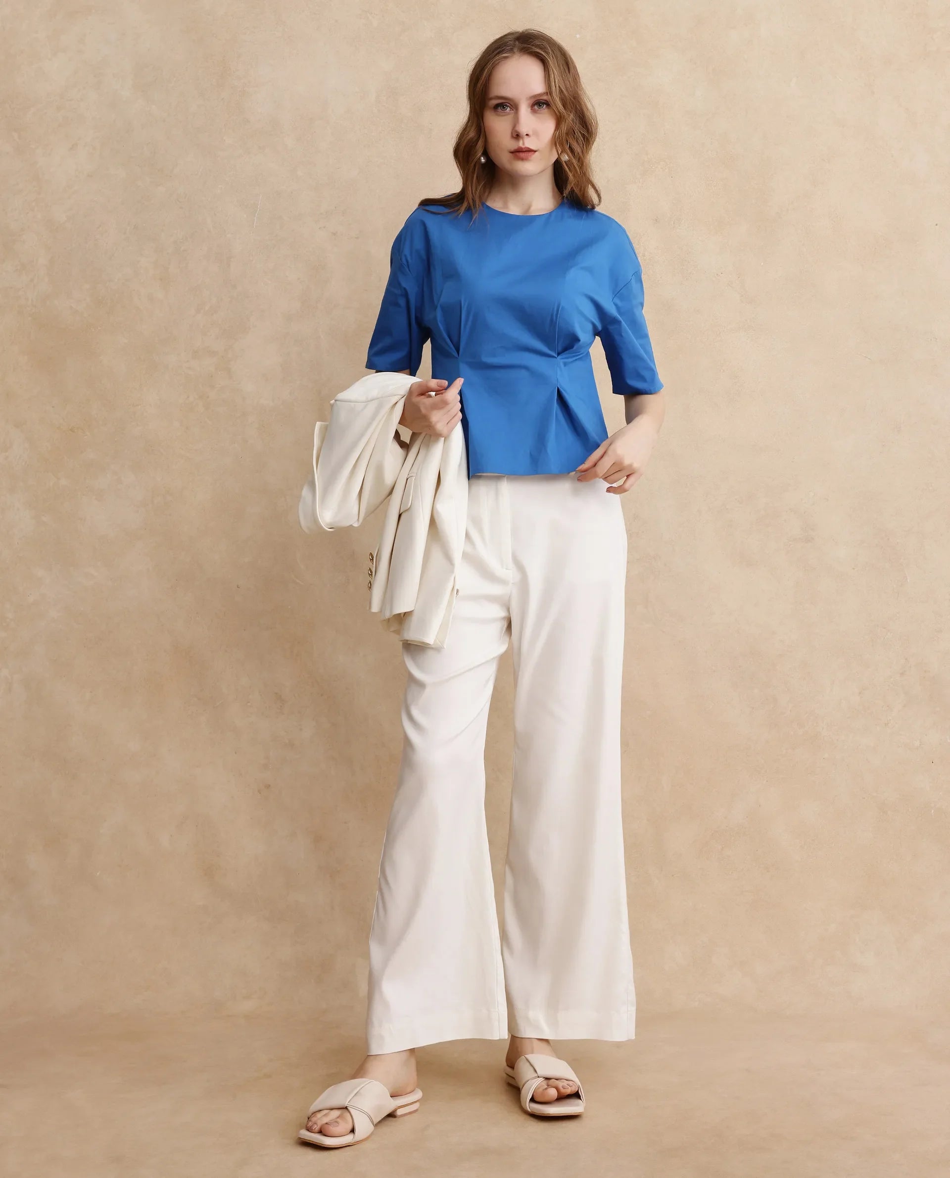 Rareism Women Wimf Blue Cotton Fabric Regular Sleeves Round Neck Button Closure Plain Top