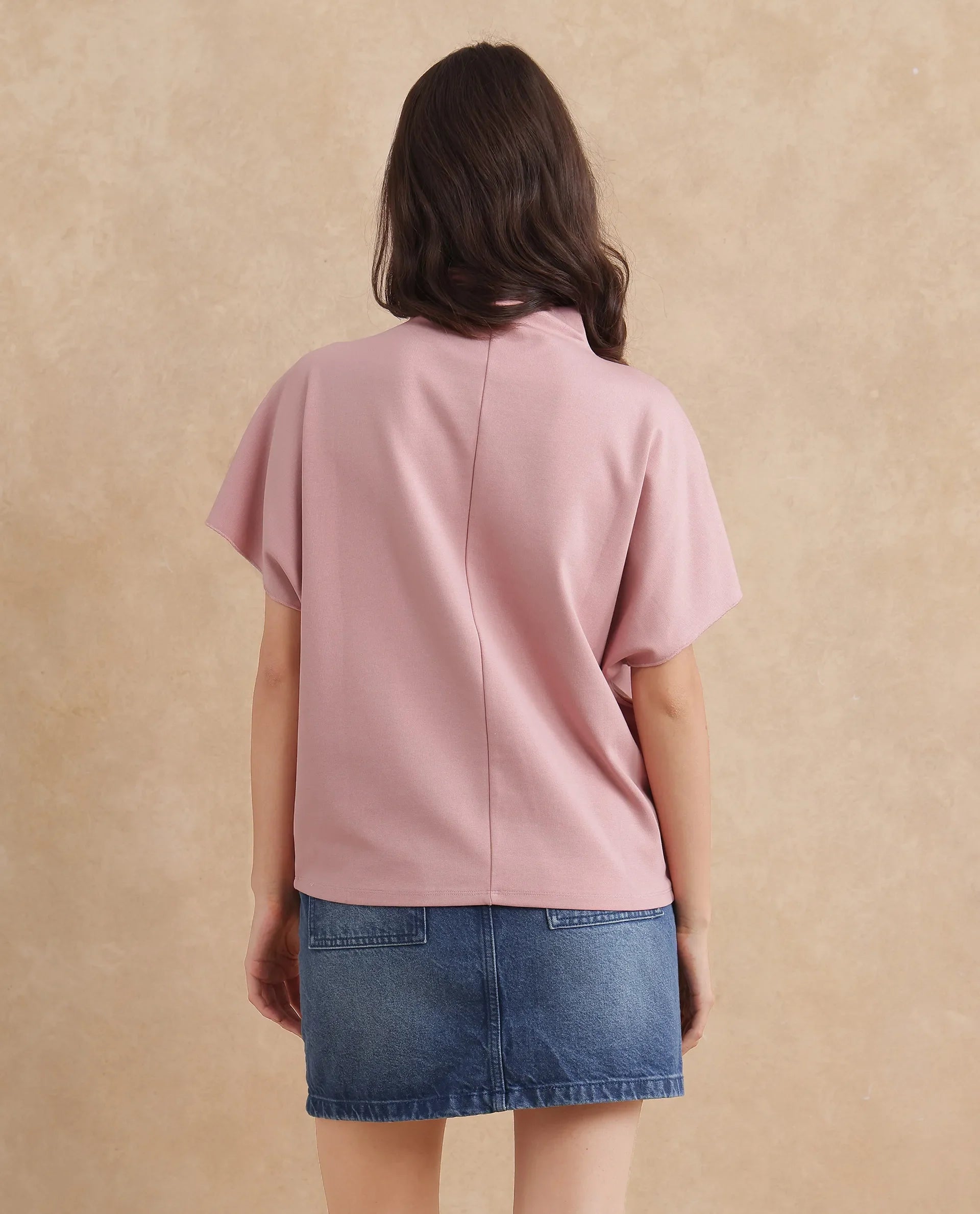 Rareism Women Worknet Peach Cotton Viscose Fabric Extended Sleeves High Neck Relaxed Fit Plain Top