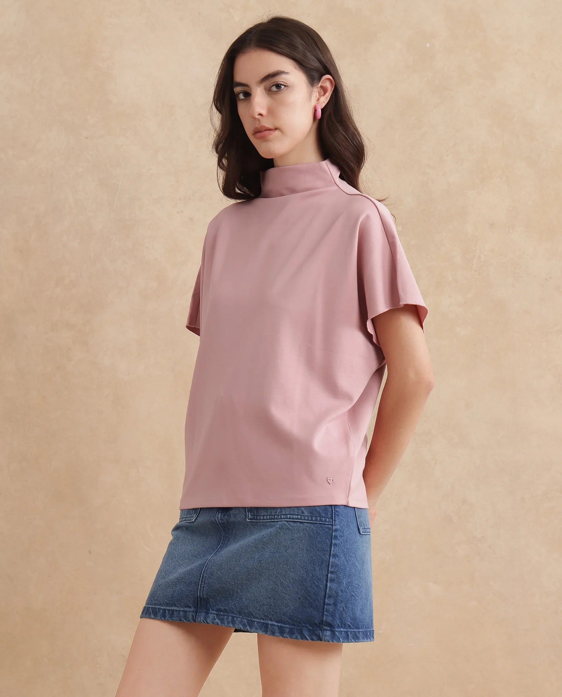 Rareism Women Worknet Peach Cotton Viscose Fabric Extended Sleeves High Neck Relaxed Fit Plain Top