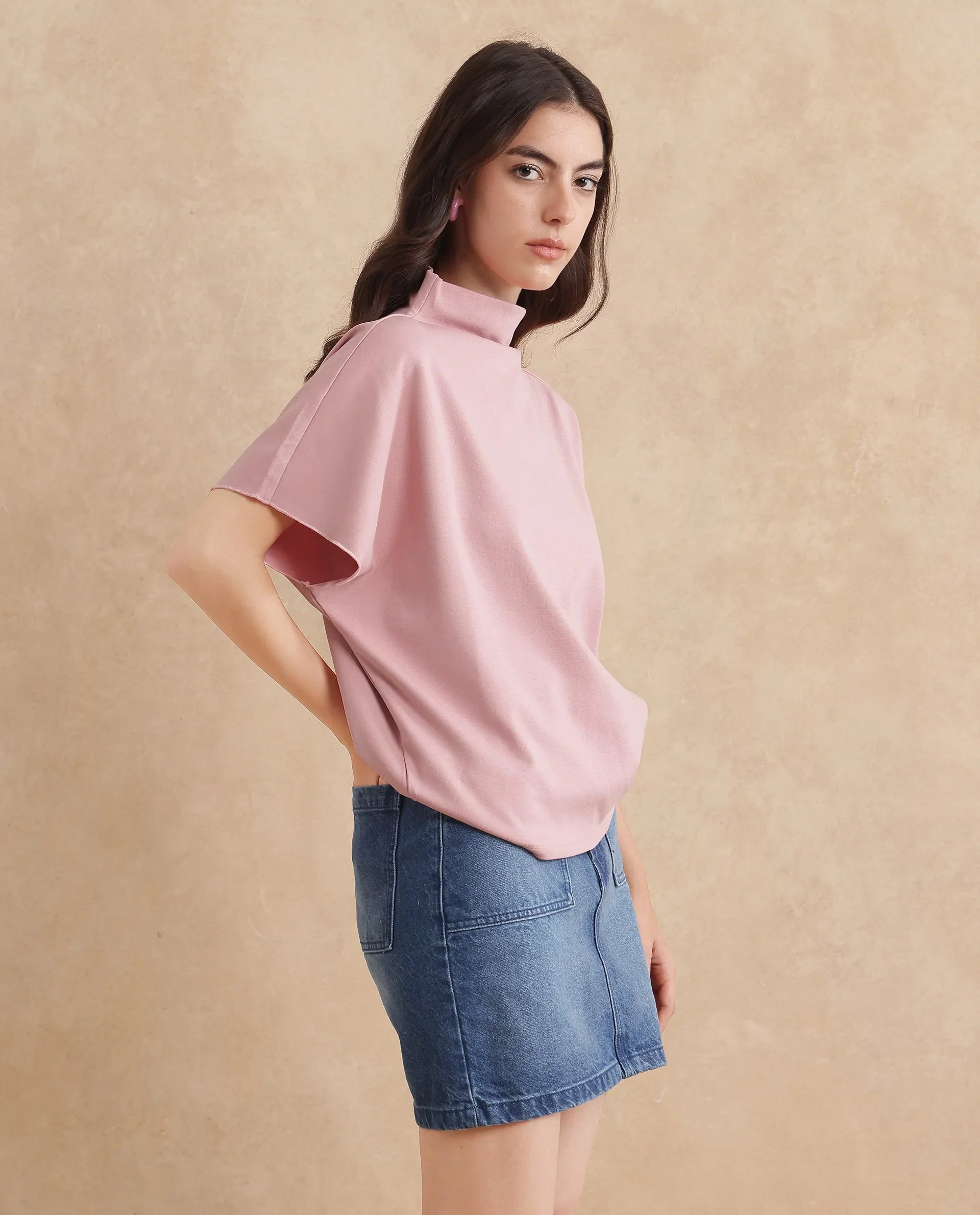 Rareism Women Worknet Peach Cotton Viscose Fabric Extended Sleeves High Neck Relaxed Fit Plain Top