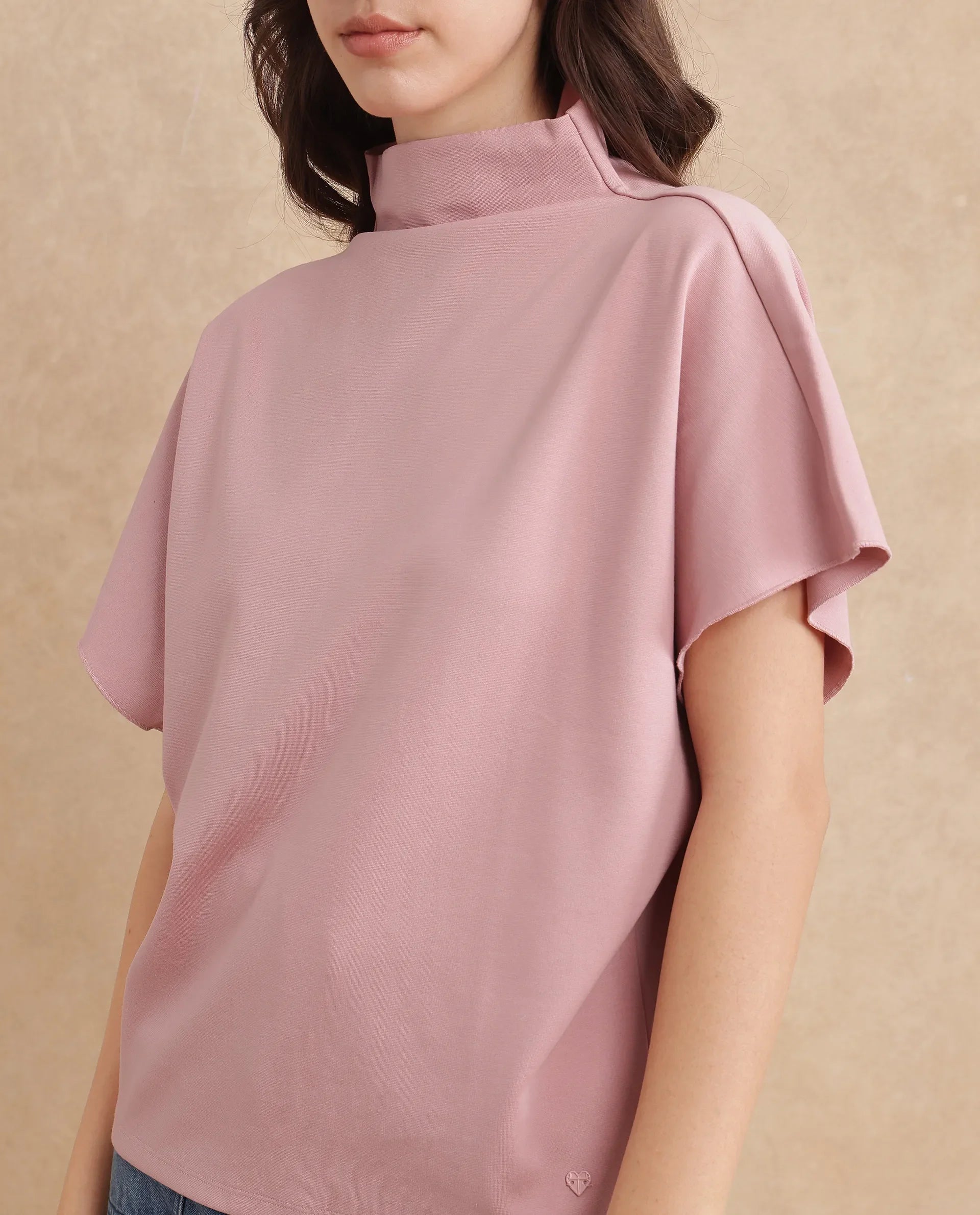 Rareism Women Worknet Peach Cotton Viscose Fabric Extended Sleeves High Neck Relaxed Fit Plain Top