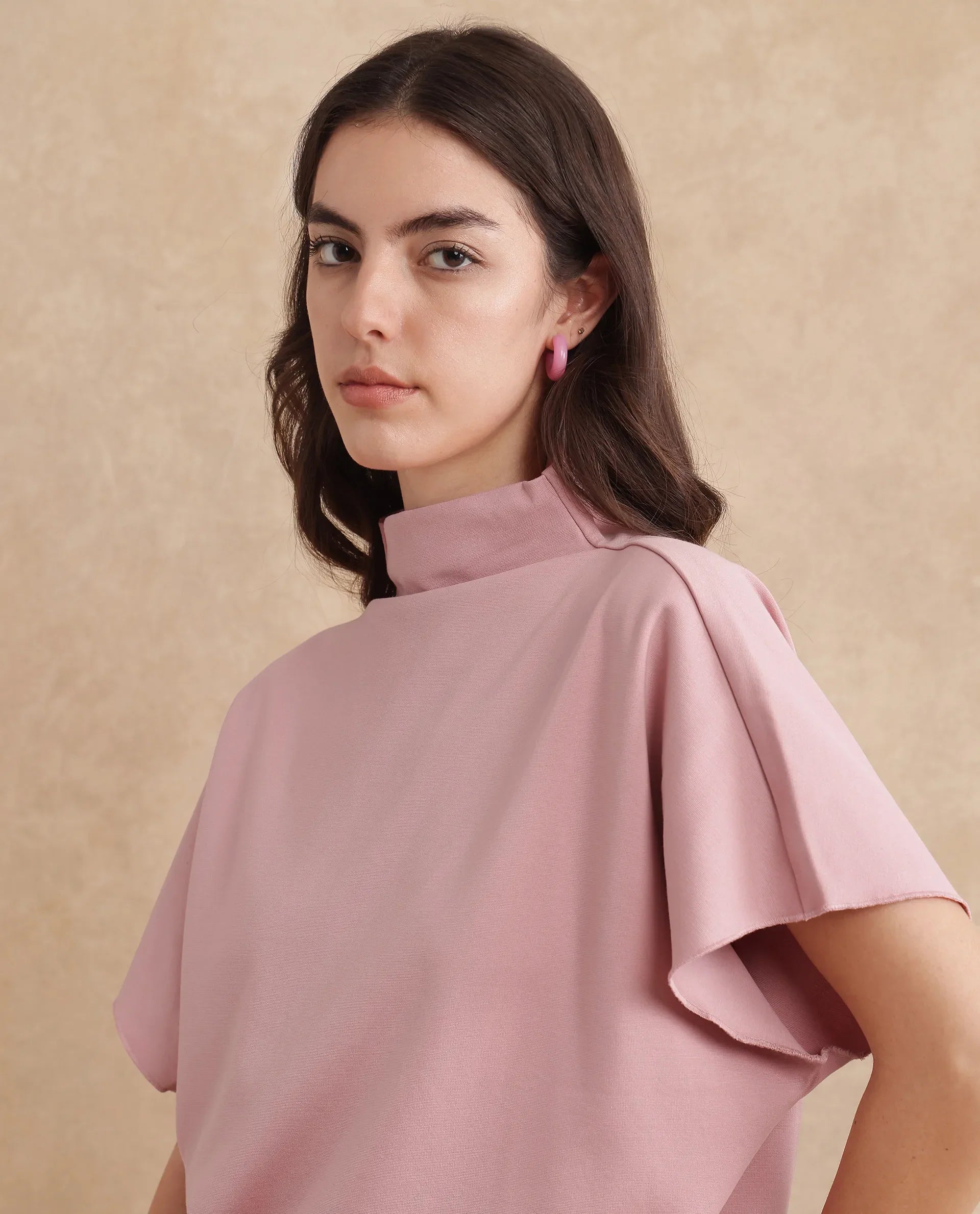 Rareism Women Worknet Peach Cotton Viscose Fabric Extended Sleeves High Neck Relaxed Fit Plain Top