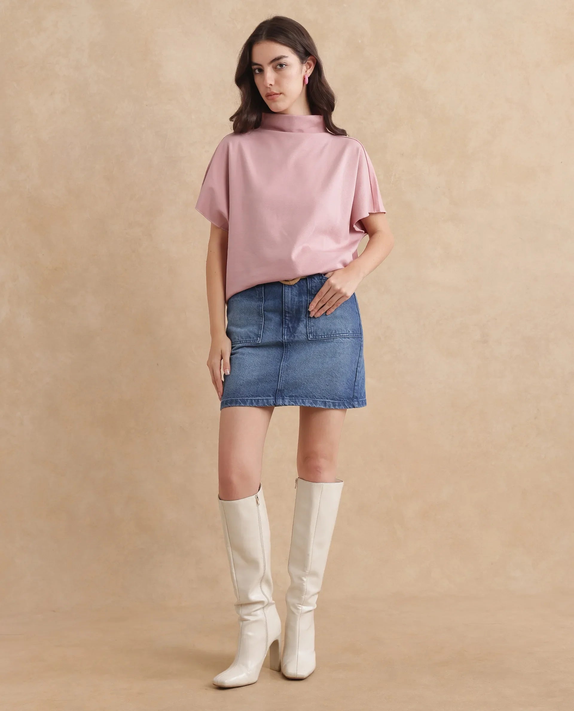 Rareism Women Worknet Peach Cotton Viscose Fabric Extended Sleeves High Neck Relaxed Fit Plain Top