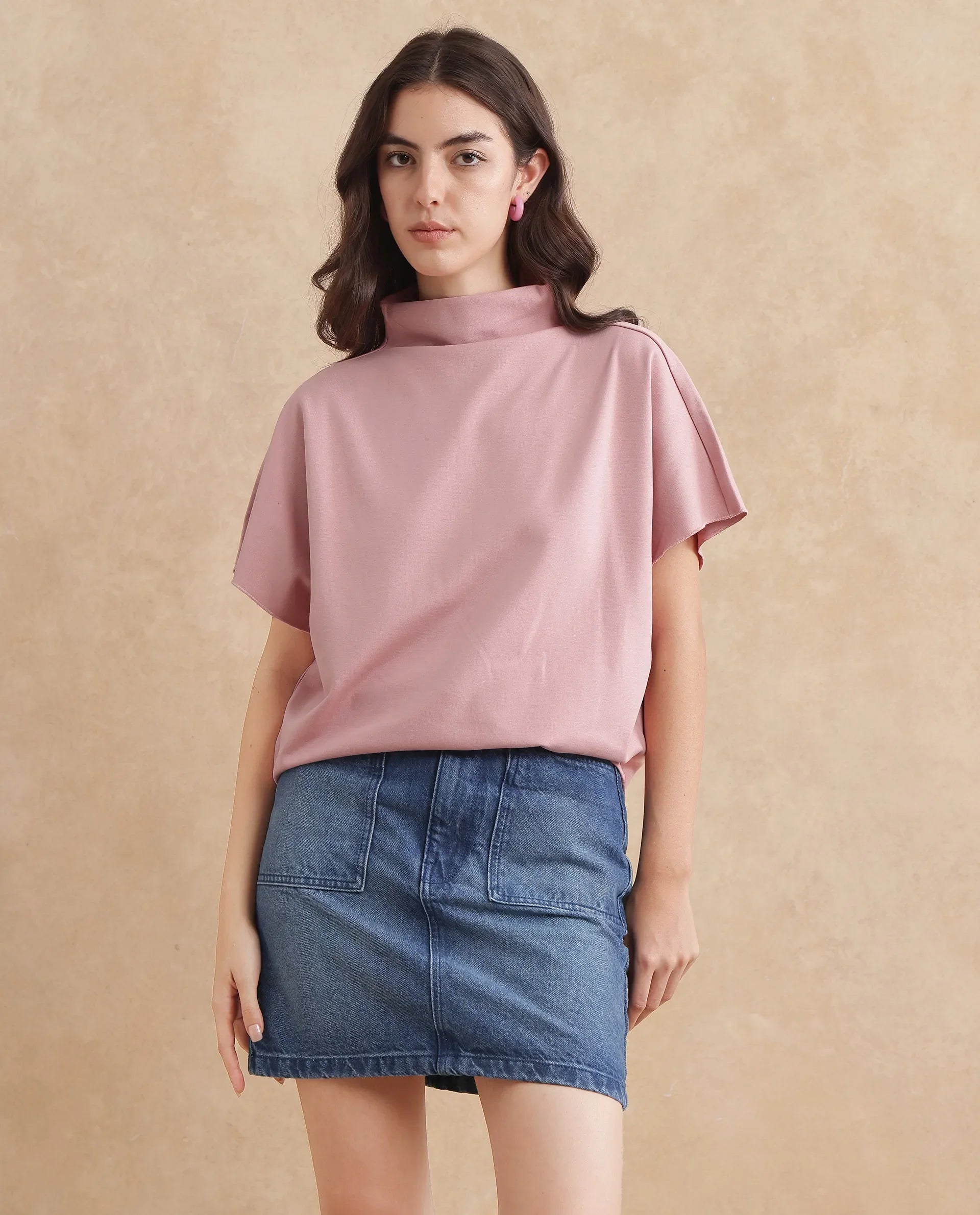 Rareism Women Worknet Peach Cotton Viscose Fabric Extended Sleeves High Neck Relaxed Fit Plain Top