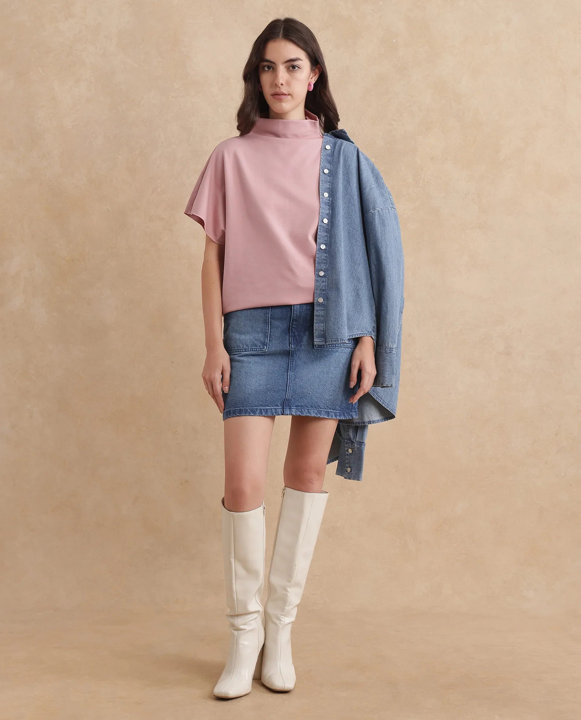 Rareism Women Worknet Peach Cotton Viscose Fabric Extended Sleeves High Neck Relaxed Fit Plain Top