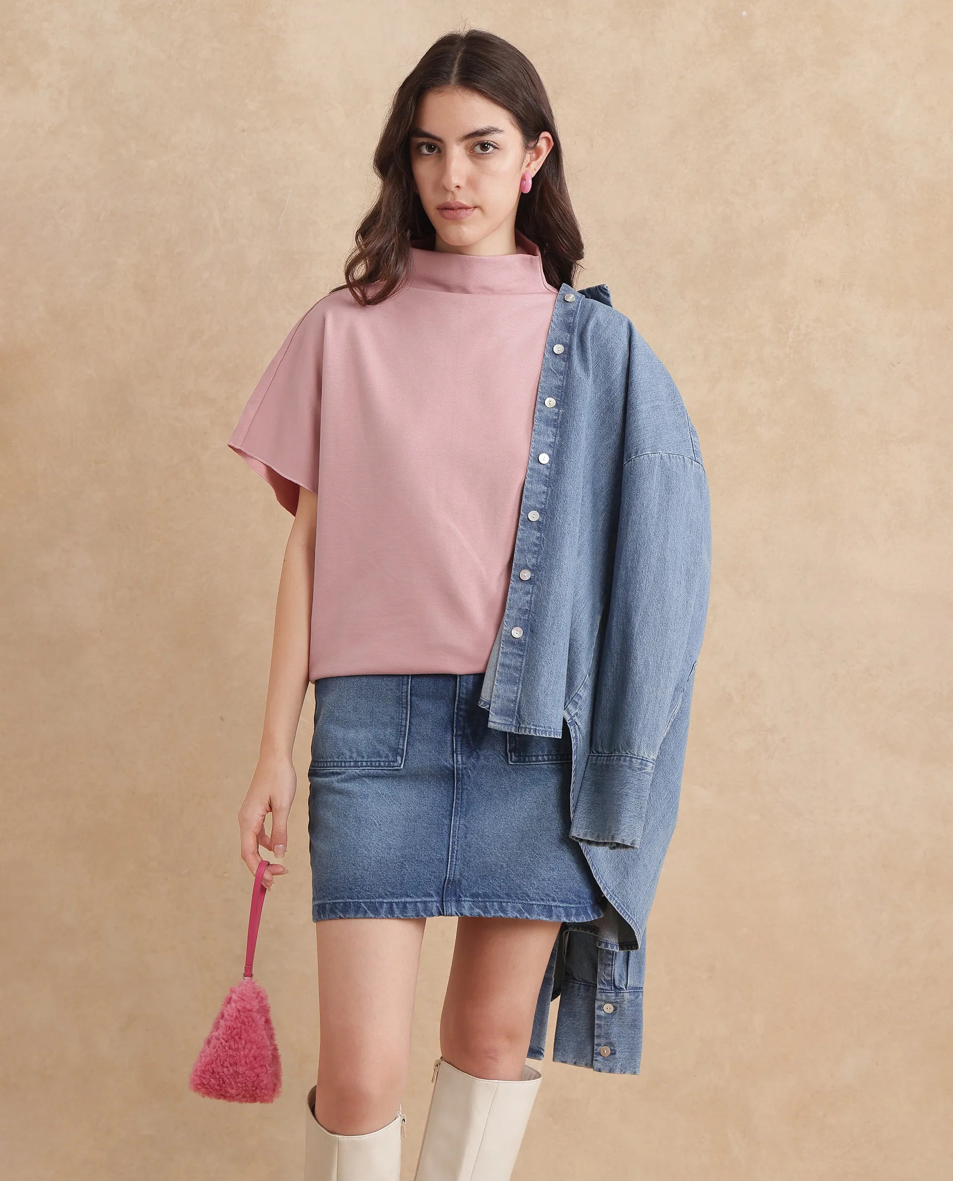 Rareism Women Worknet Peach Cotton Viscose Fabric Extended Sleeves High Neck Relaxed Fit Plain Top