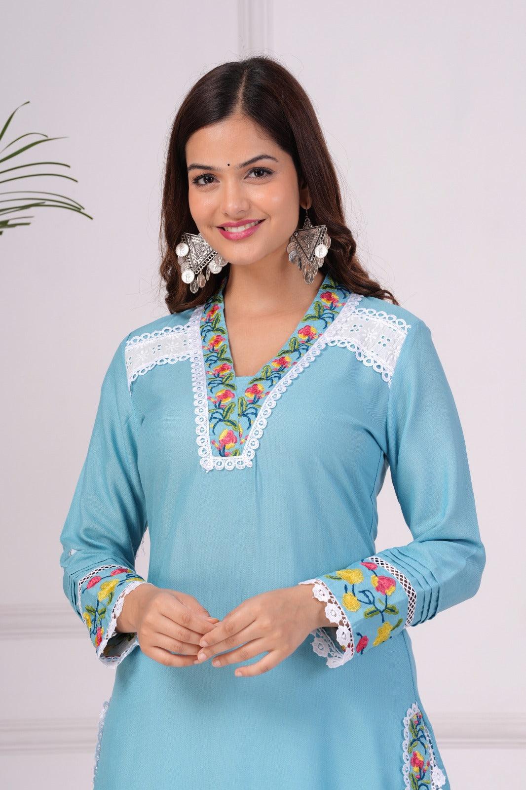Embroidered Kurta and Pant Set (Moonstone Blue)