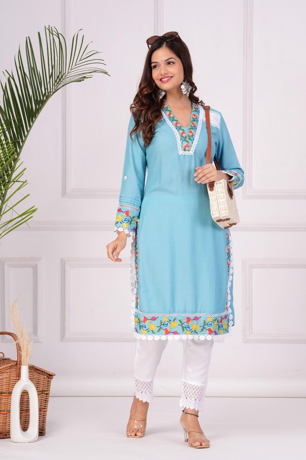 Embroidered Kurta and Pant Set (Moonstone Blue)