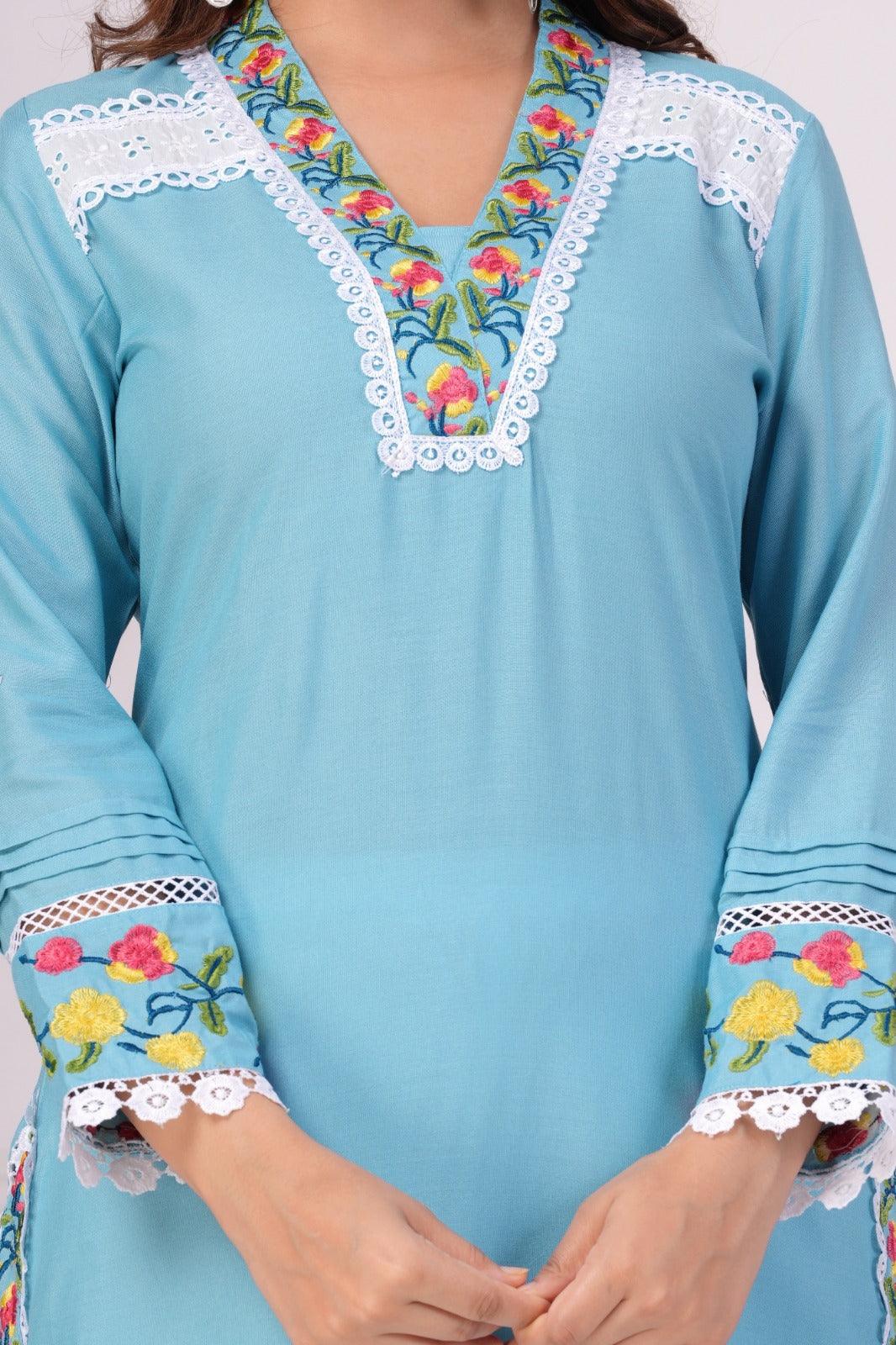 Embroidered Kurta and Pant Set (Moonstone Blue)