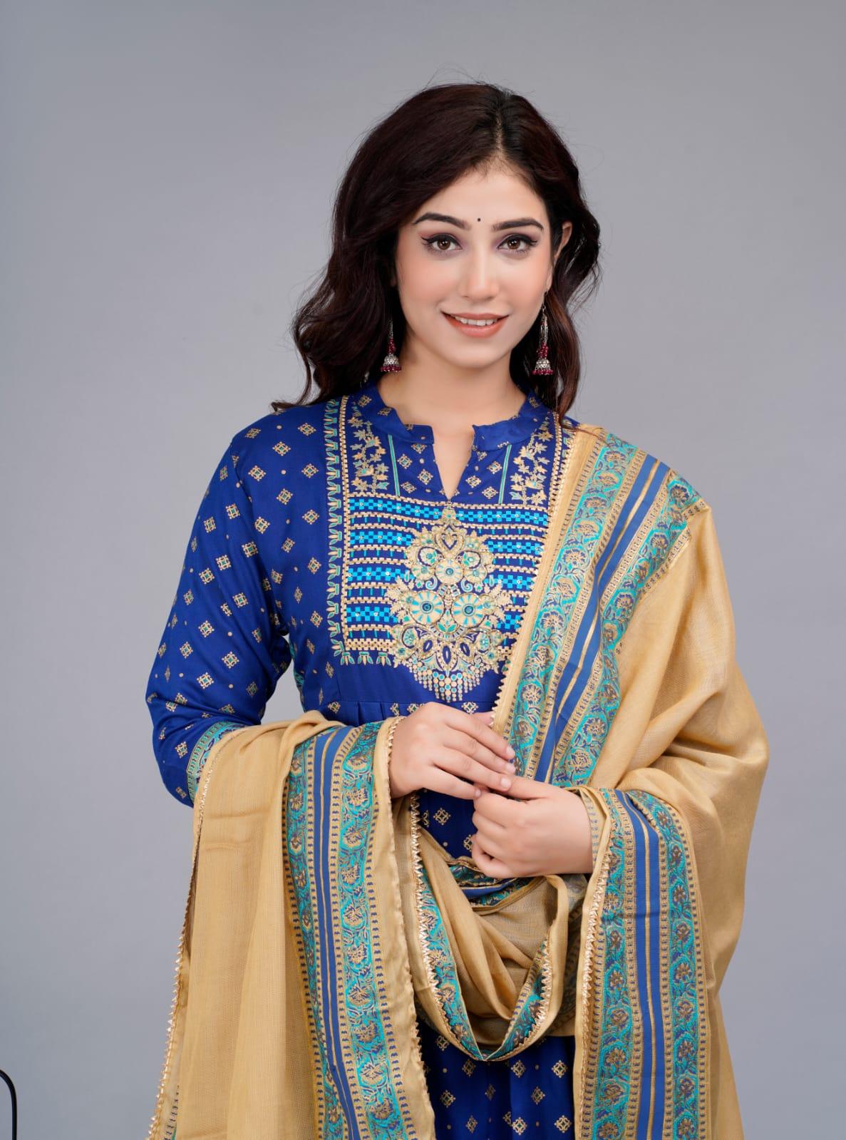 Blue Handwork Embroidered Kurta And Pant Set With Dupatta