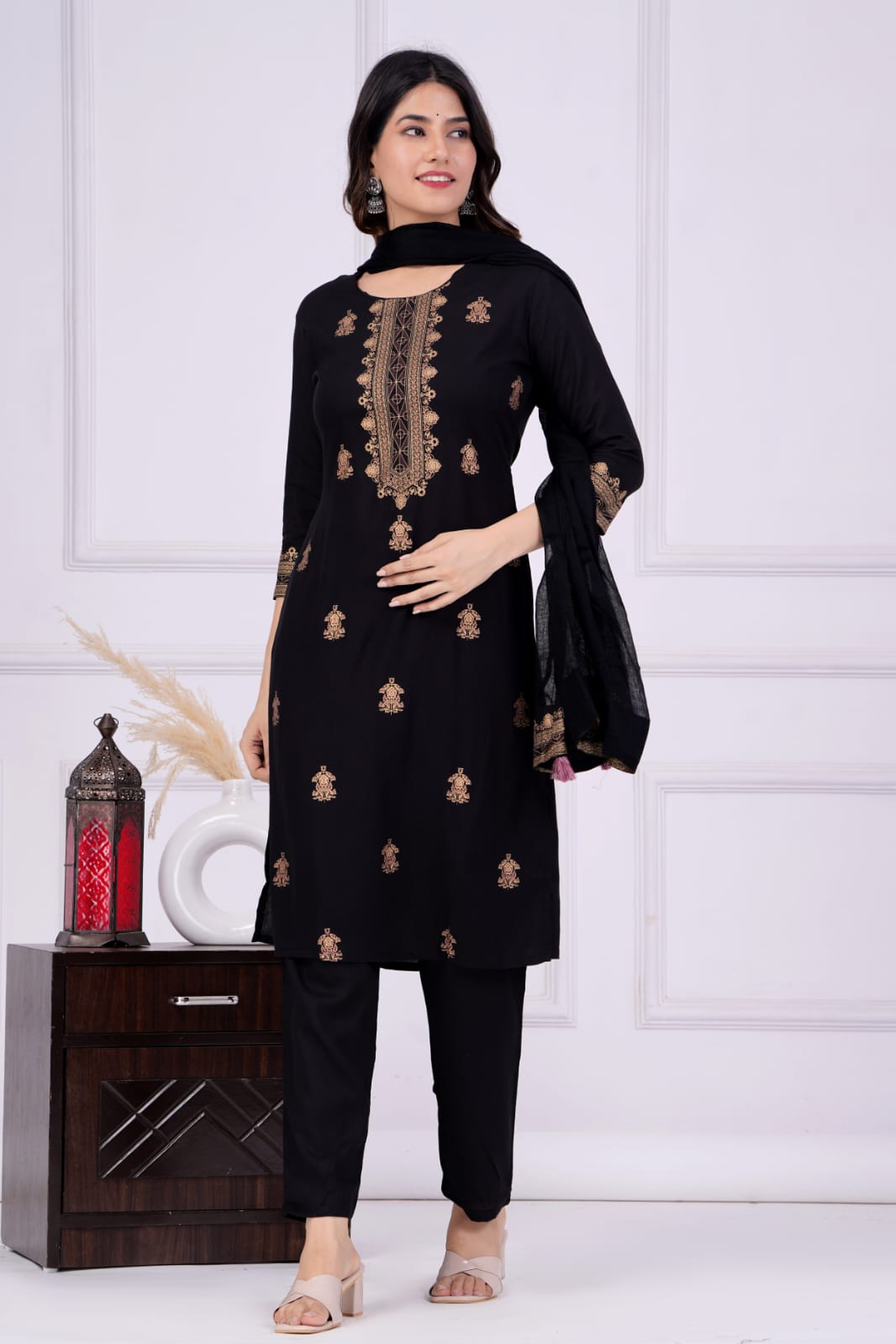 Black Printed Rayon Kurta and Pant Set with Dupatta