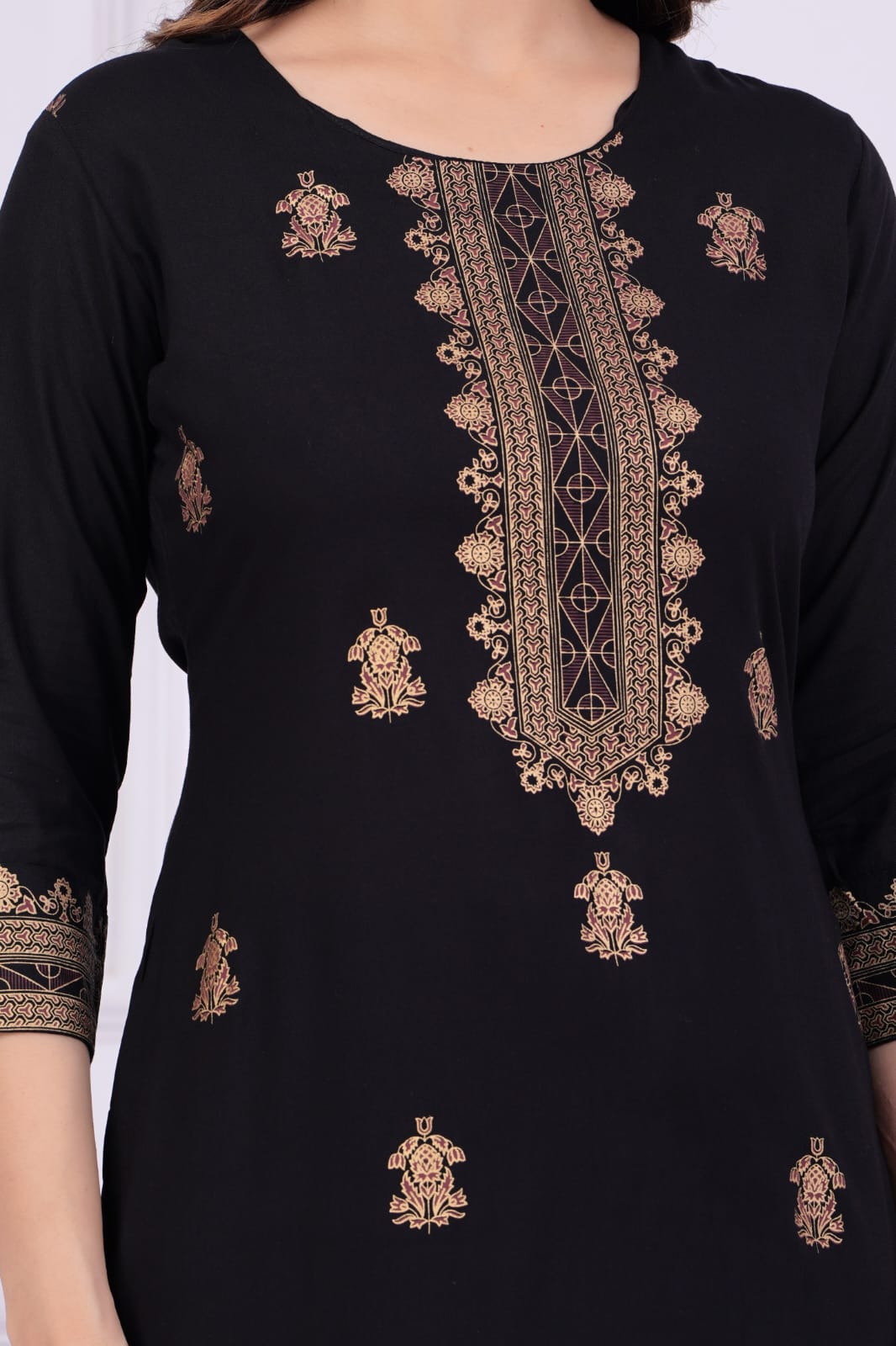 Black Printed Rayon Kurta and Pant Set with Dupatta