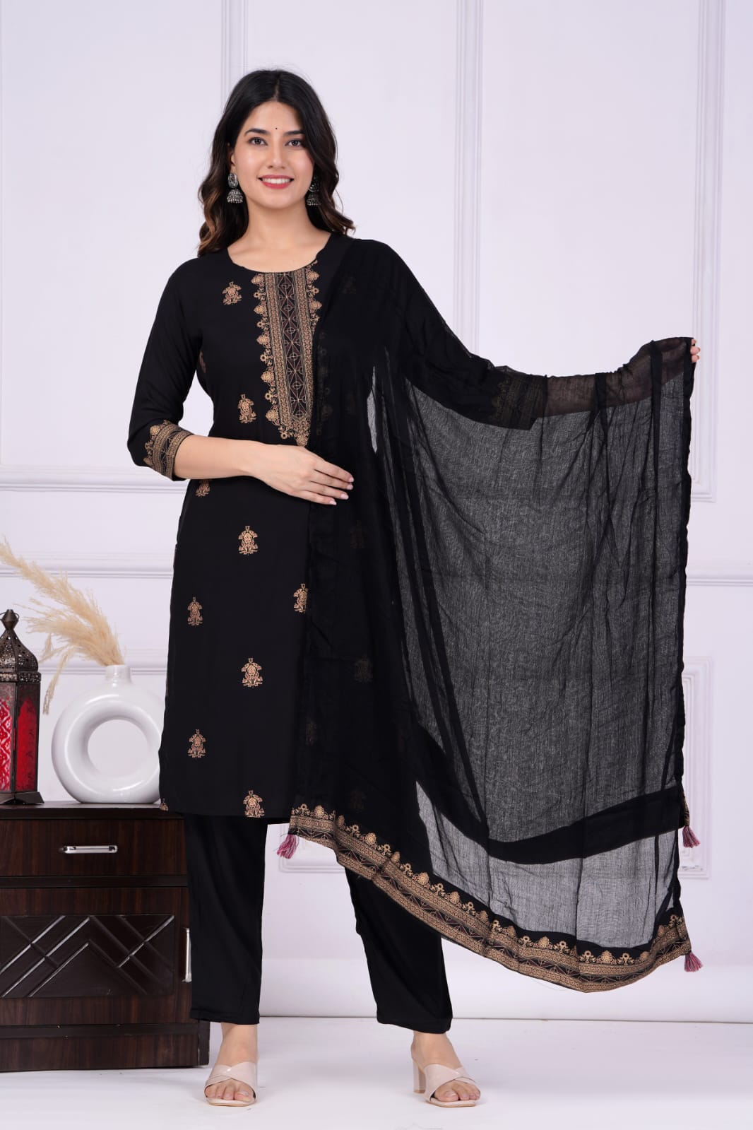 Black Printed Rayon Kurta and Pant Set with Dupatta