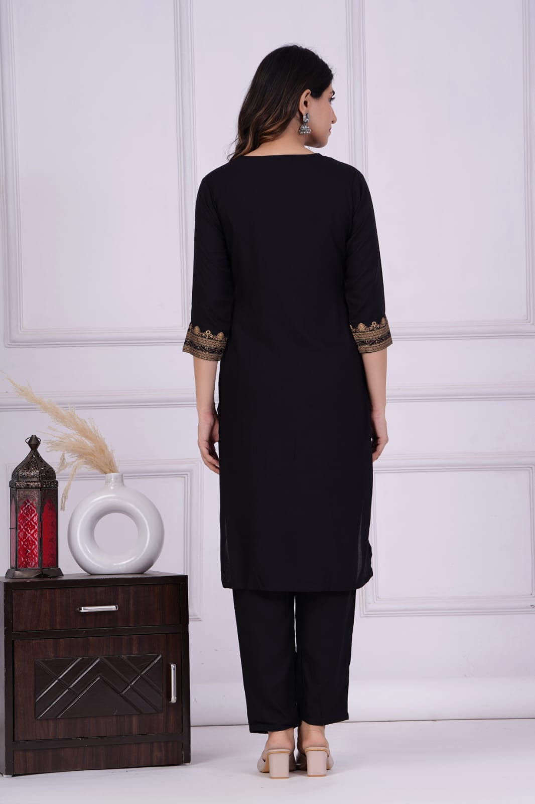 Black Printed Rayon Kurta and Pant Set with Dupatta
