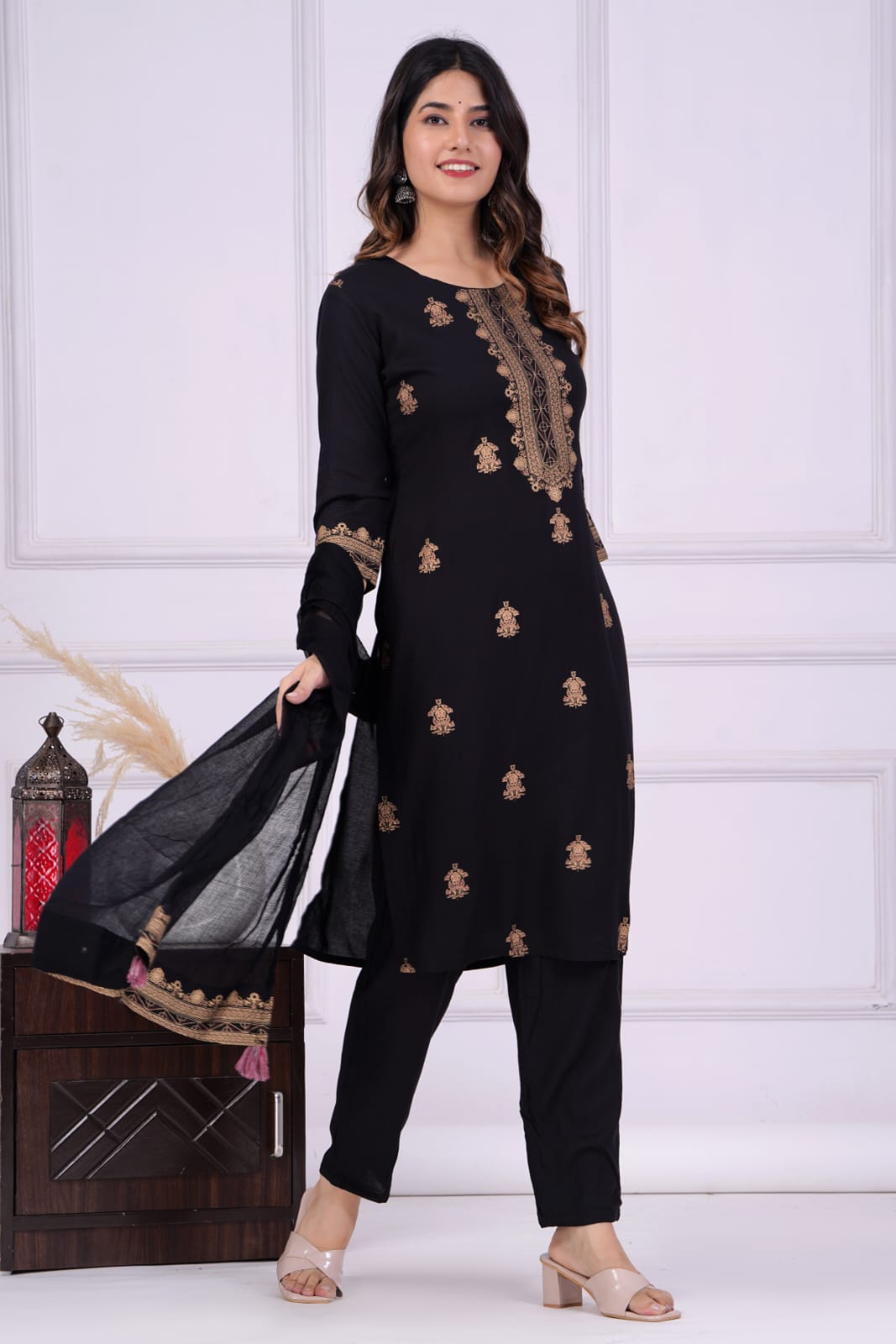Black Printed Rayon Kurta and Pant Set with Dupatta