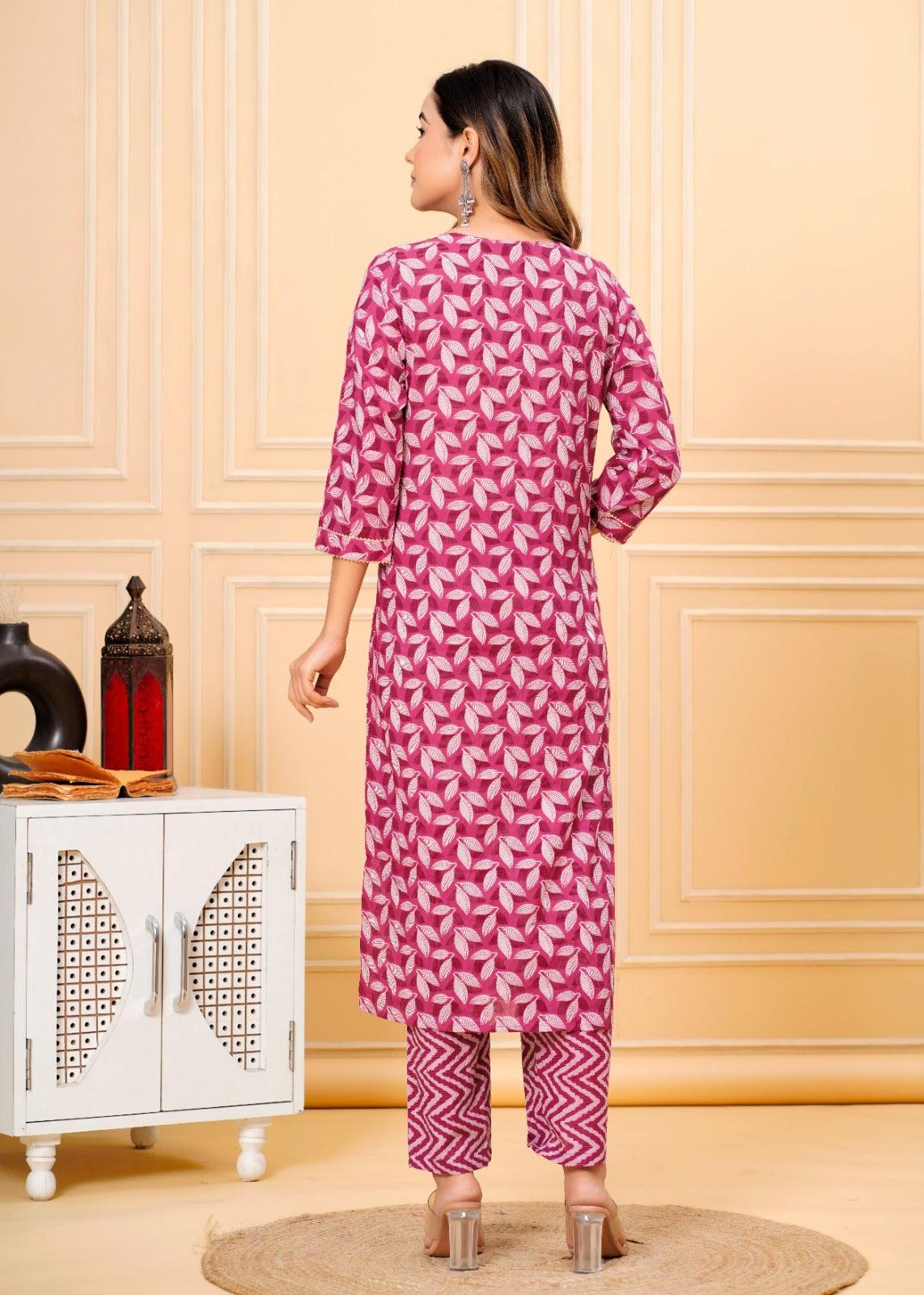 Blush Red Printed Cotton Suit Set with Mulmul Dupatta