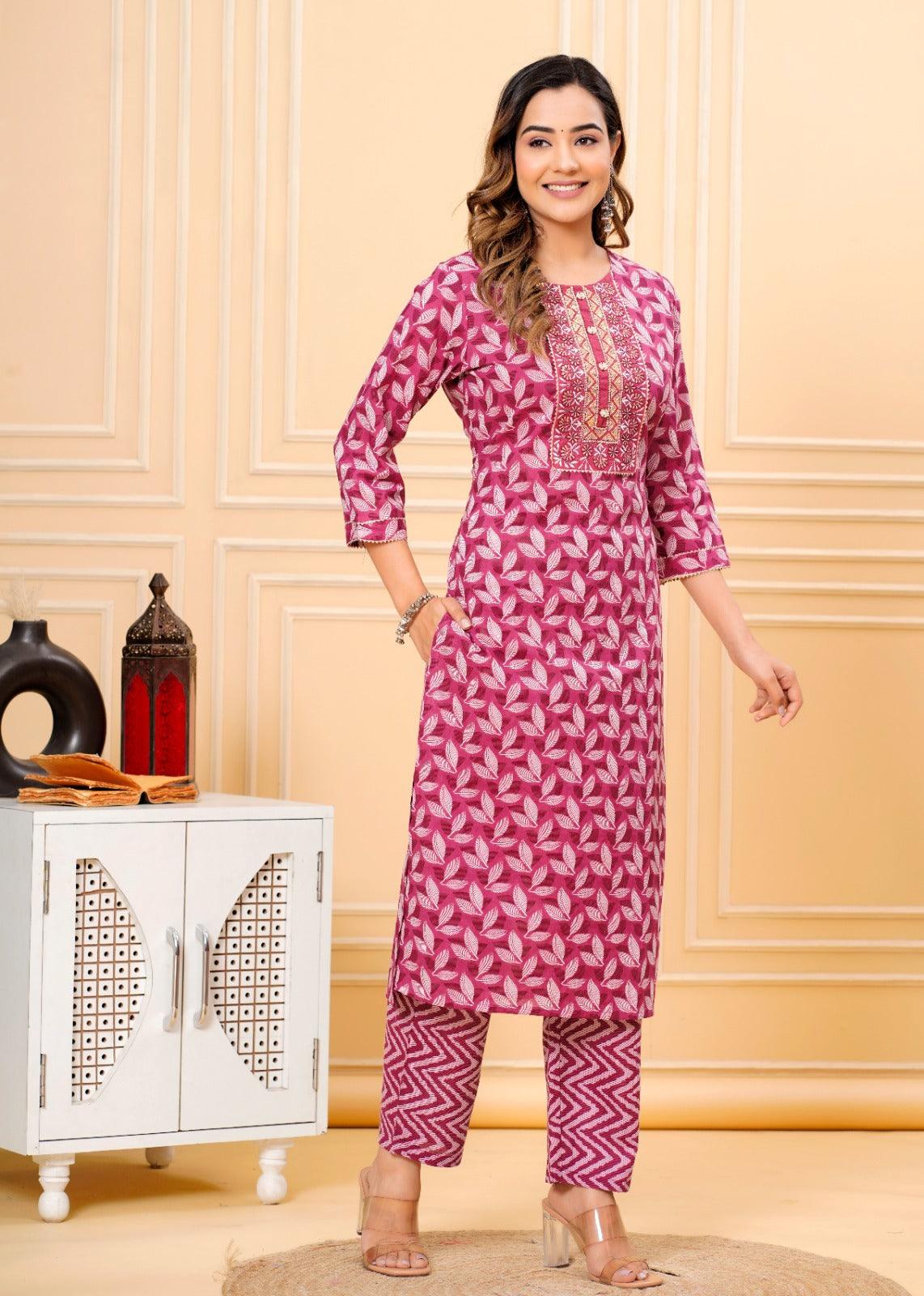 Blush Red Printed Cotton Suit Set with Mulmul Dupatta