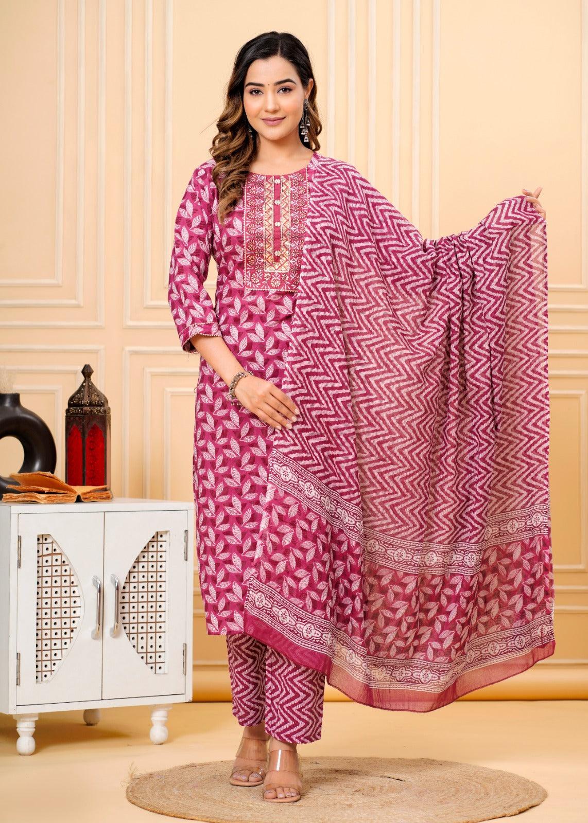 Blush Red Printed Cotton Suit Set with Mulmul Dupatta