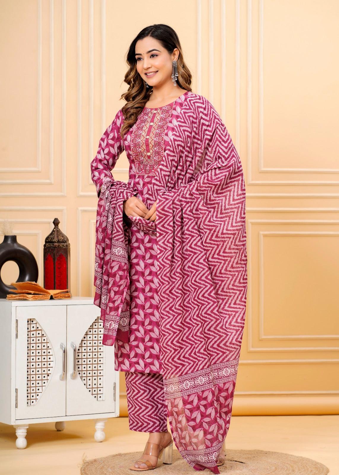 Blush Red Printed Cotton Suit Set with Mulmul Dupatta