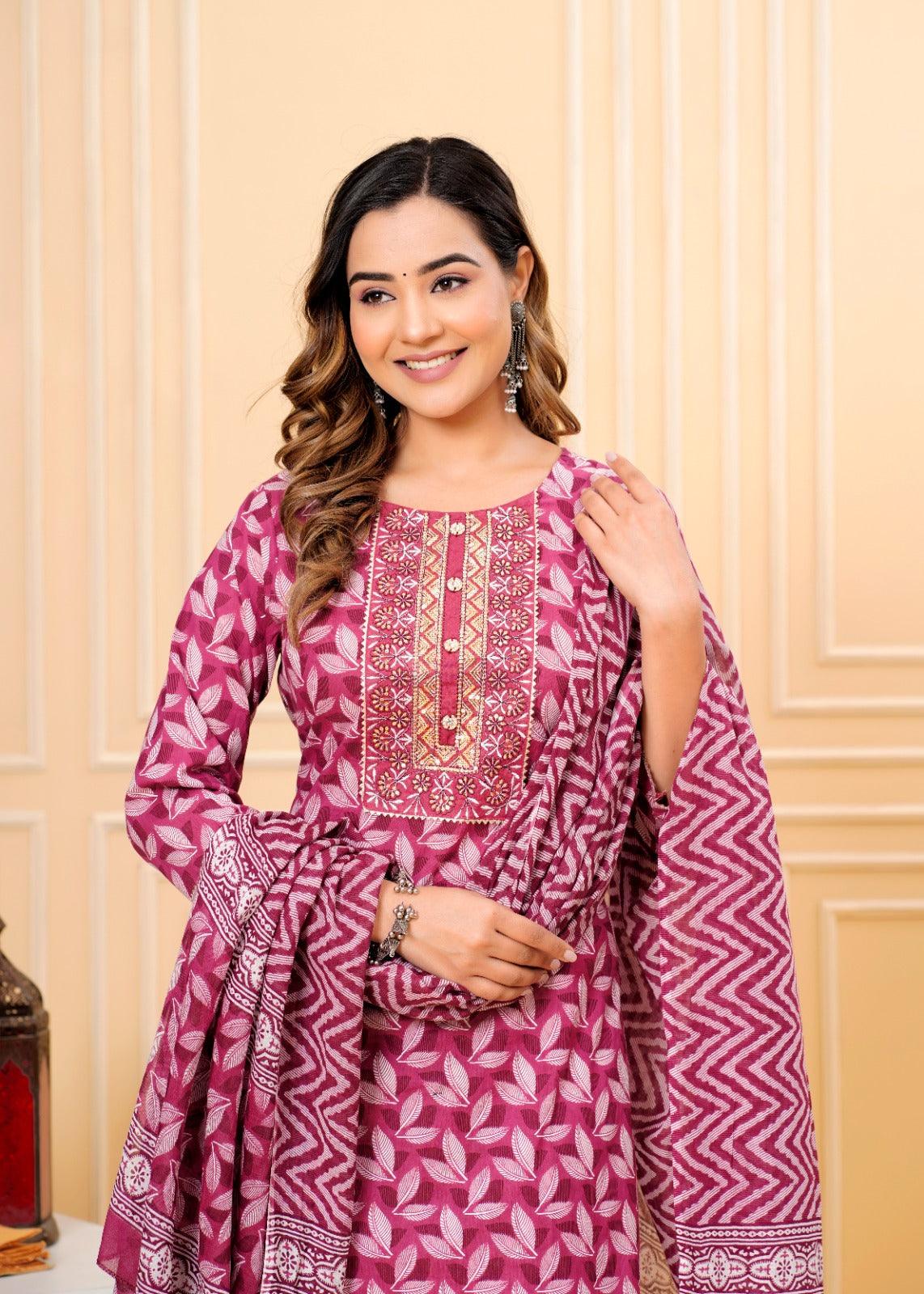 Blush Red Printed Cotton Suit Set with Mulmul Dupatta