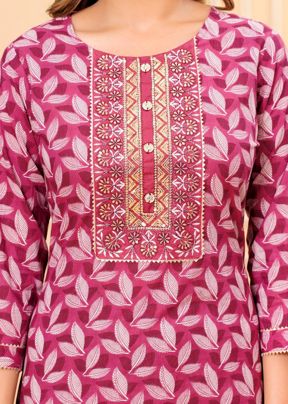 Blush Red Printed Cotton Suit Set with Mulmul Dupatta